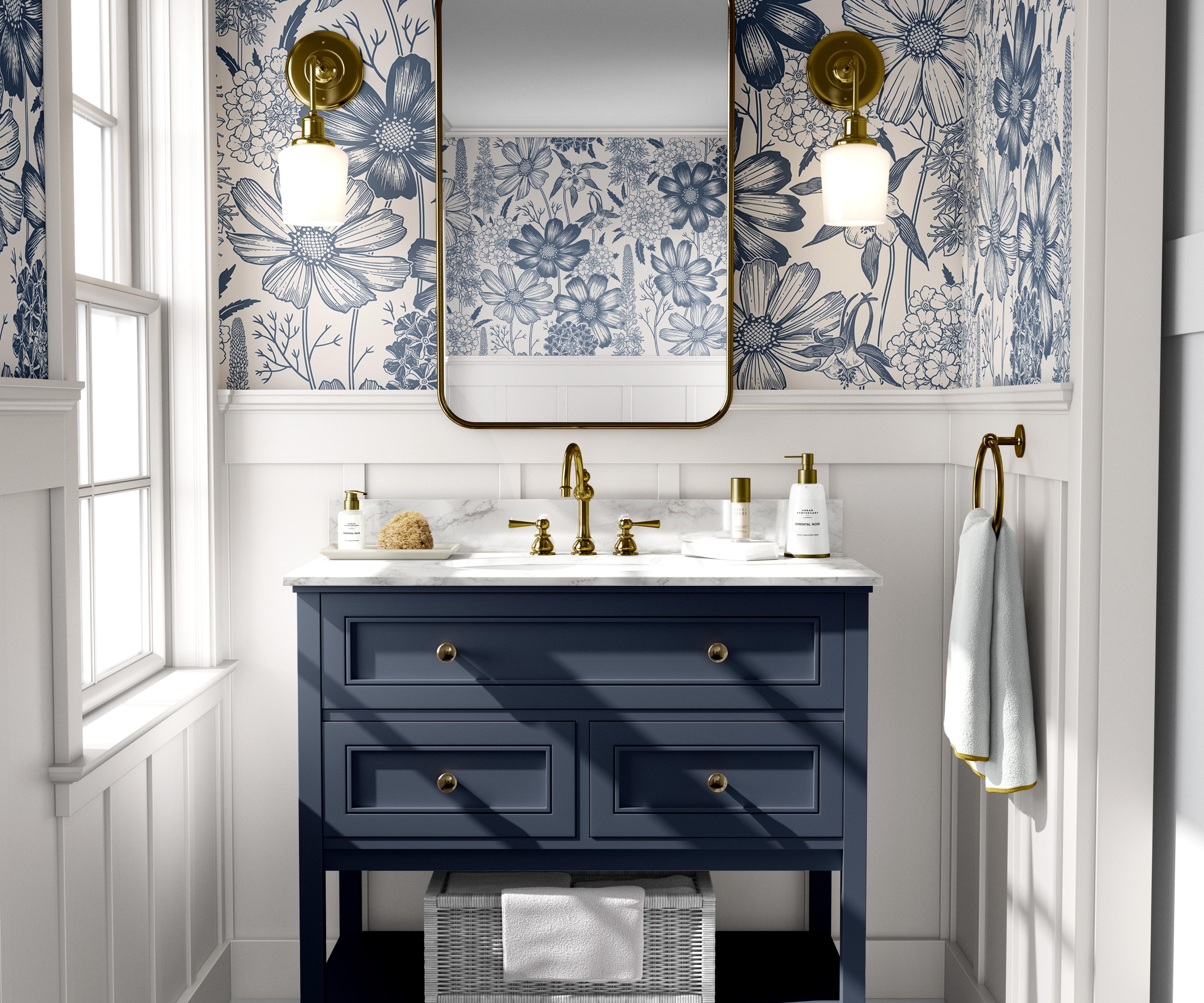 Wallpaper 1370: Elegant wallpaper featuring a vintage-inspired blue and white floral design with intricate hand-drawn botanical details, perfect for a bathroom, powder room, or classic interior decor.