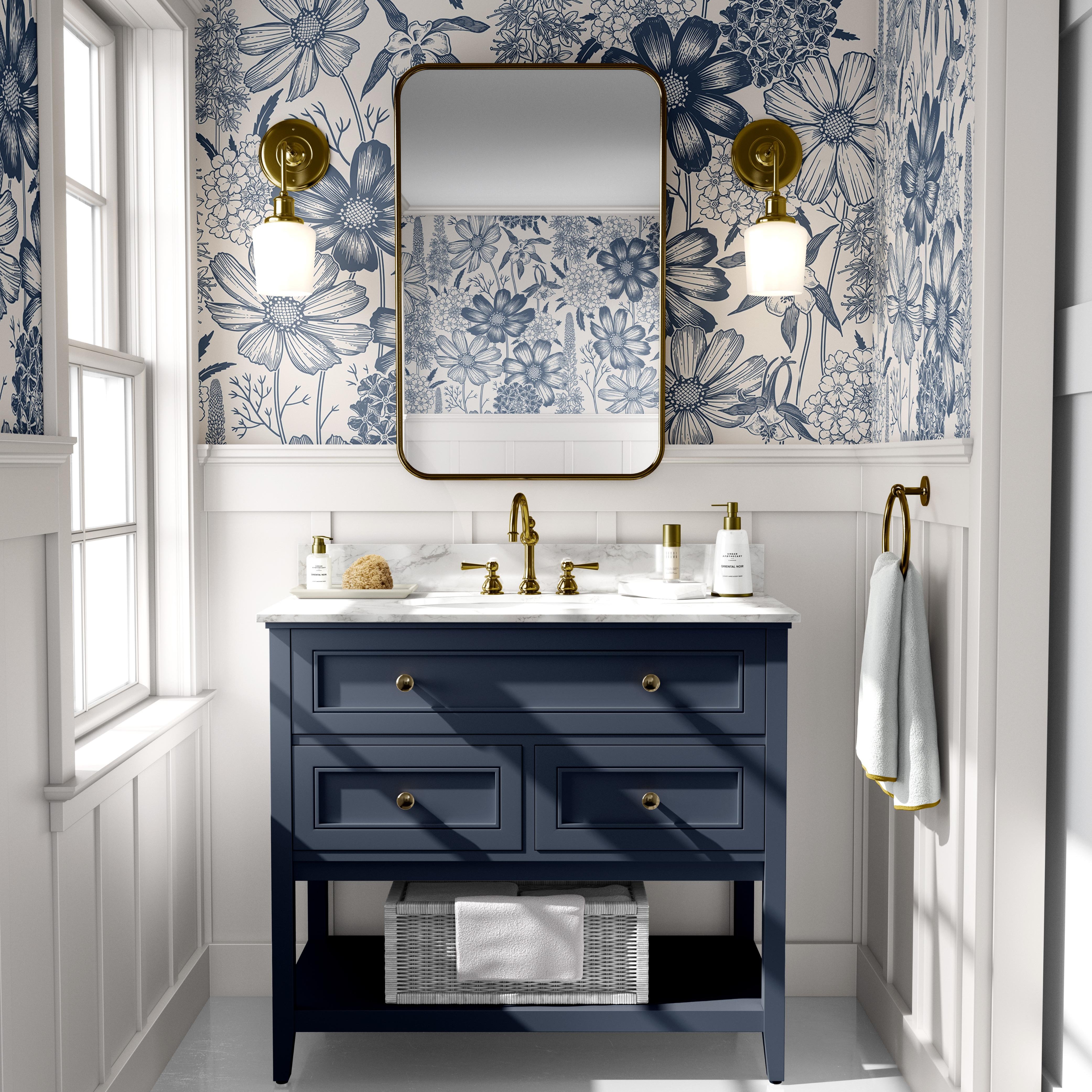 Wallpaper 1370: Elegant wallpaper featuring a vintage-inspired blue and white floral design with intricate hand-drawn botanical details, perfect for a bathroom, powder room, or classic interior decor.