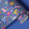 Contact Paper 1390: A playful and colorful contact paper featuring whimsical cats surrounded by bright flowers, crescent moons, and botanical accents on a deep blue background, perfect for cat lovers and cheerful decor.