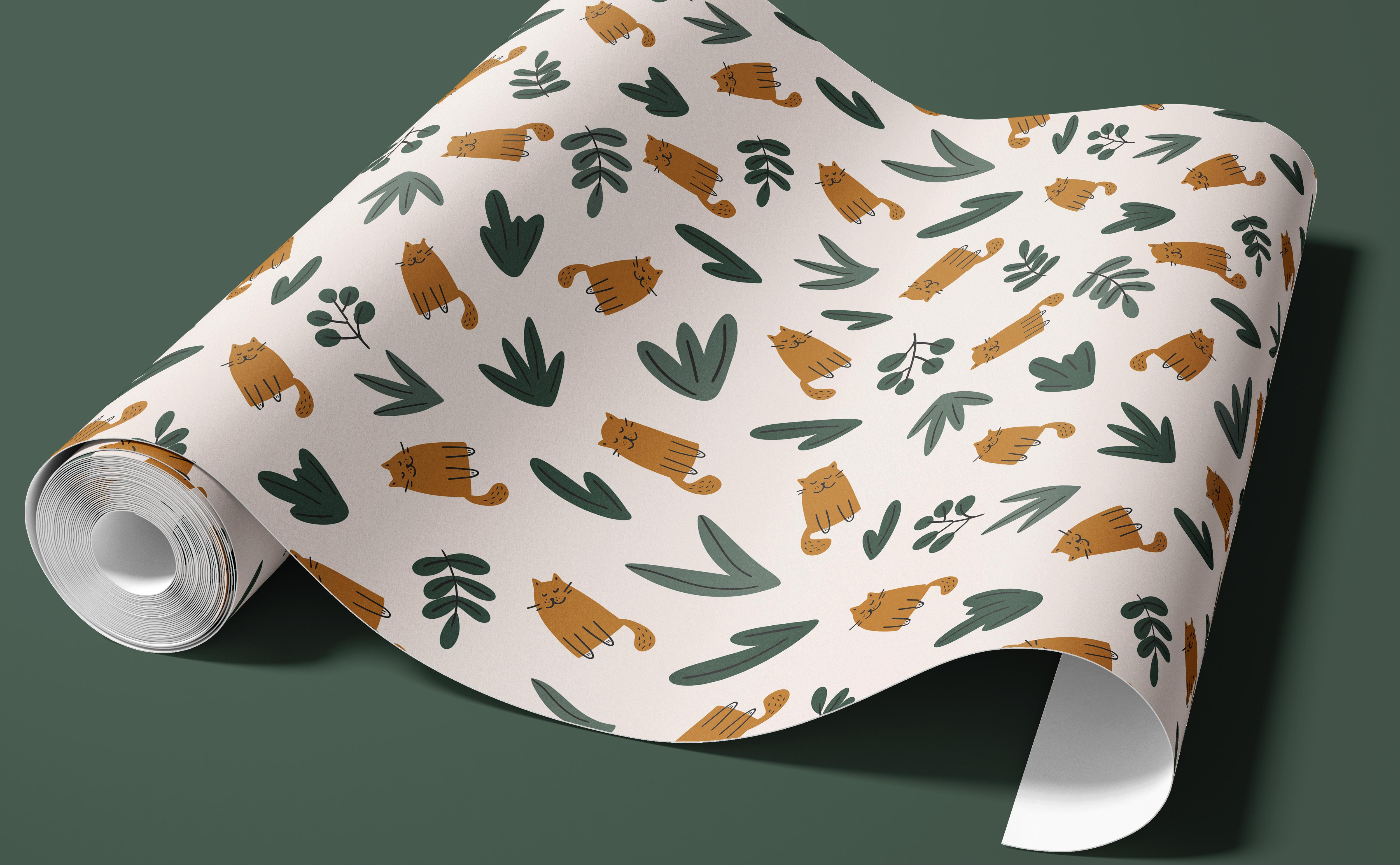 Contact Paper 1408: A playful contact paper featuring hand-drawn orange cats lounging among green botanical leaves on a cream background, creating a cozy and whimsical nature-inspired aesthetic.
