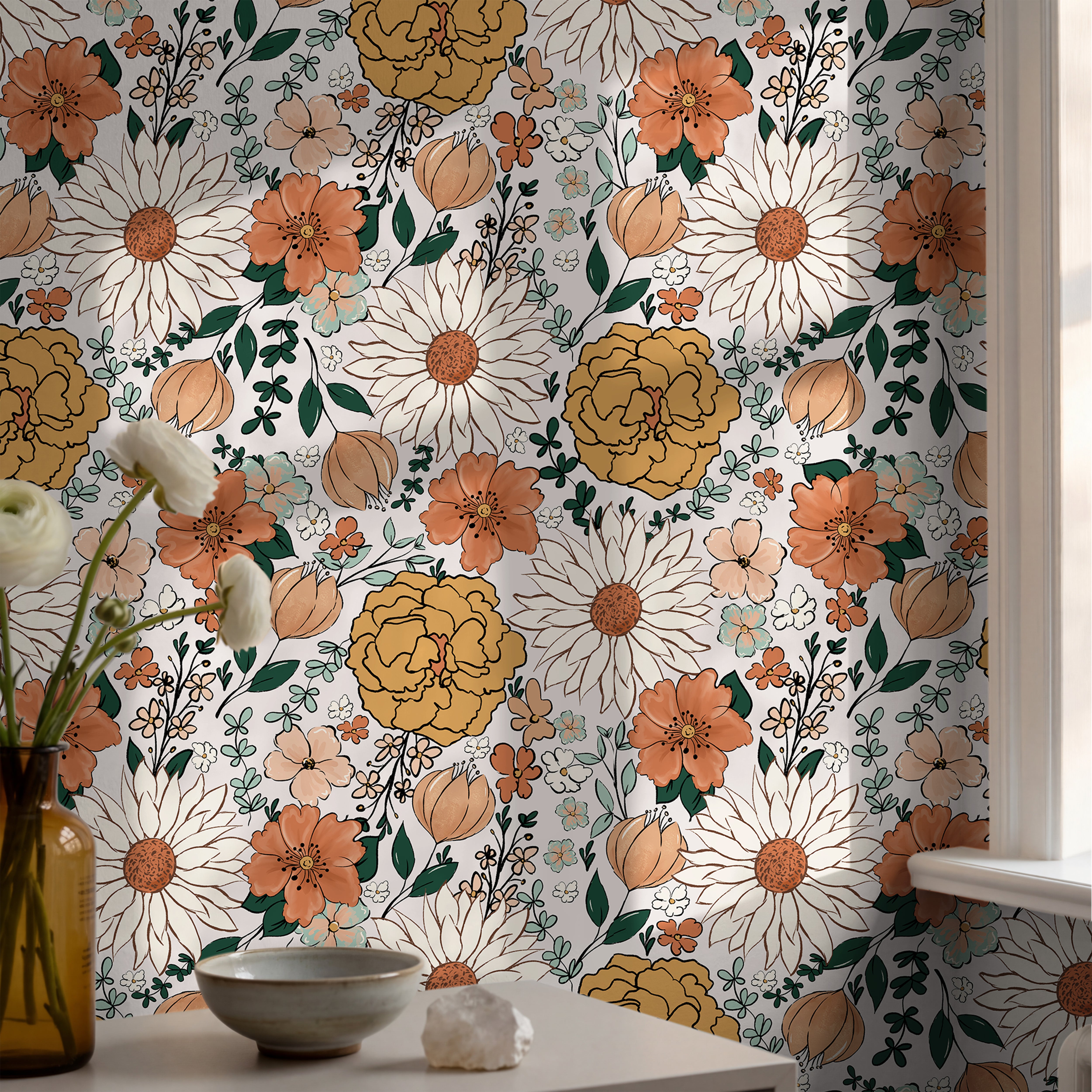 Close-up of The Heiress Garden wallpaper with oversized daisies, golden blooms, and deep green leaves.