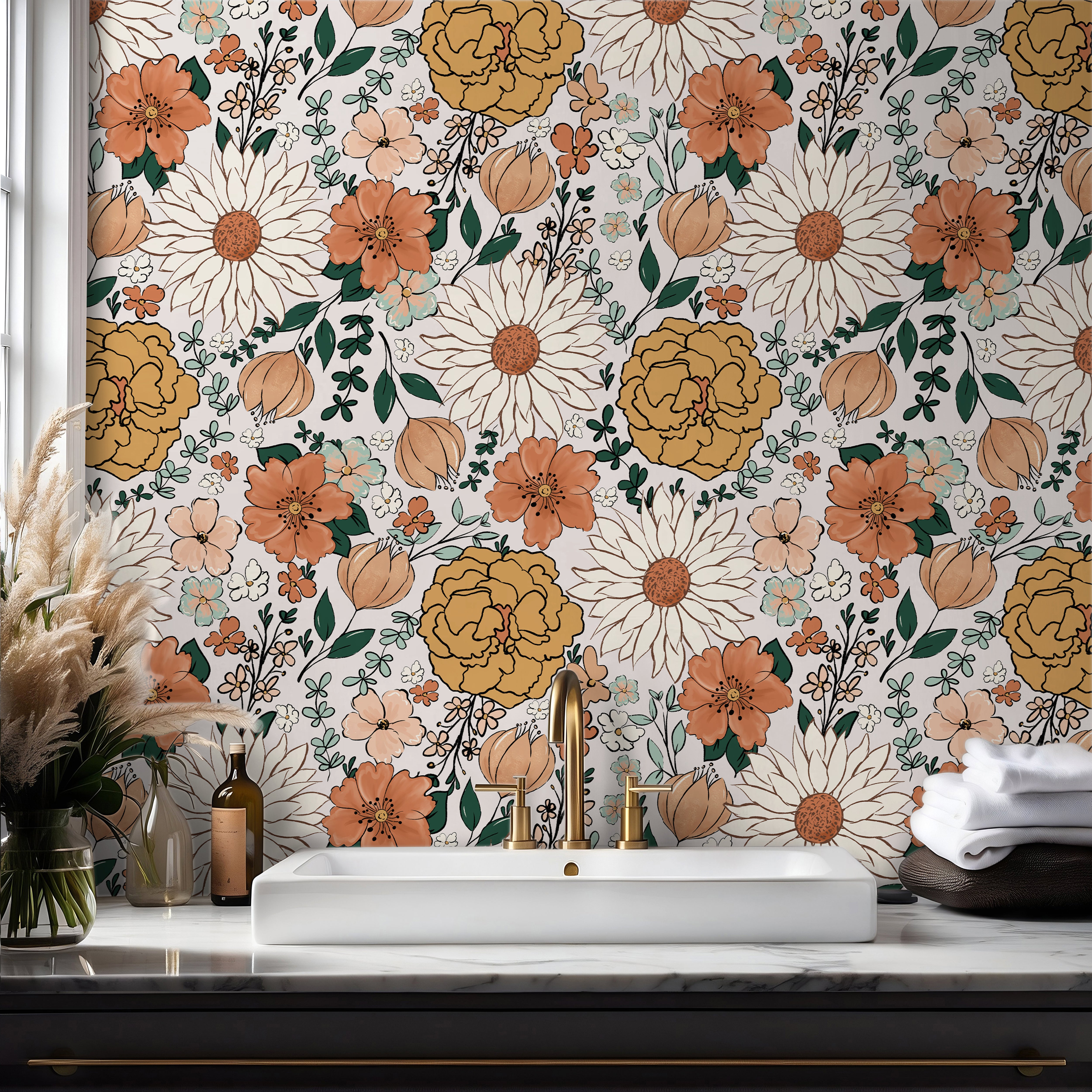 The Heiress Garden cottage floral wallpaper styled in a bright bathroom with modern neutral décor.