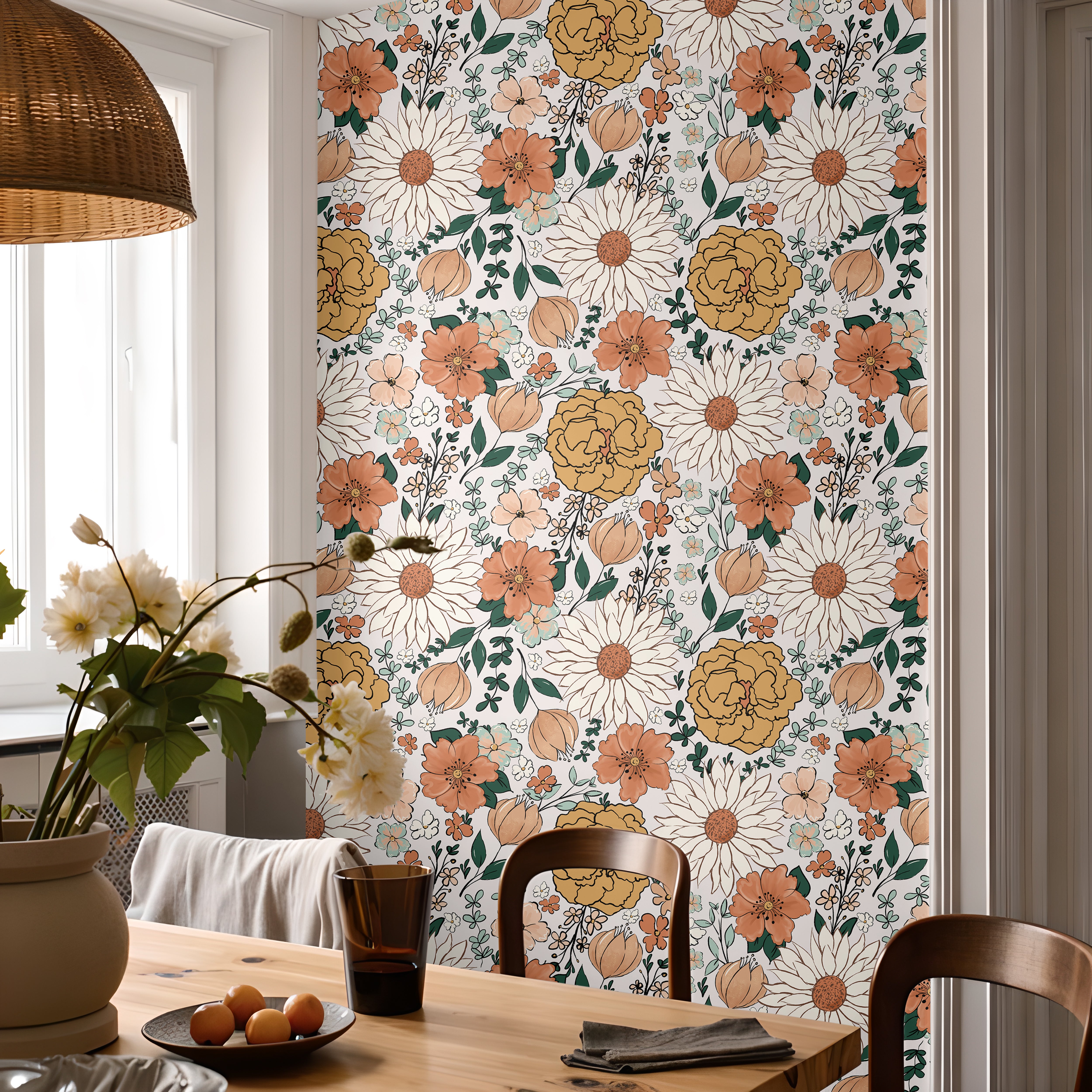The Heiress Garden large floral wallpaper creating a warm botanical statement wall in a cozy dining room.
