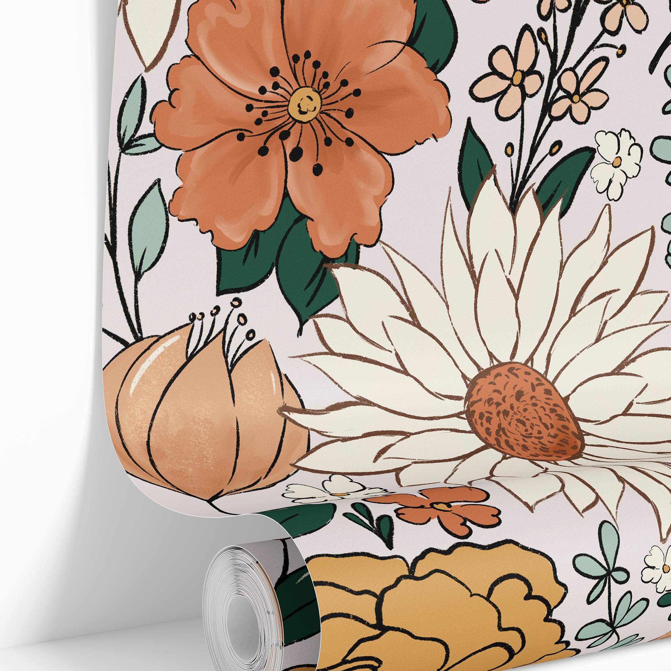 Roll of The Heiress Garden wallpaper featuring peach, ochre, cream, and green botanical flowers.