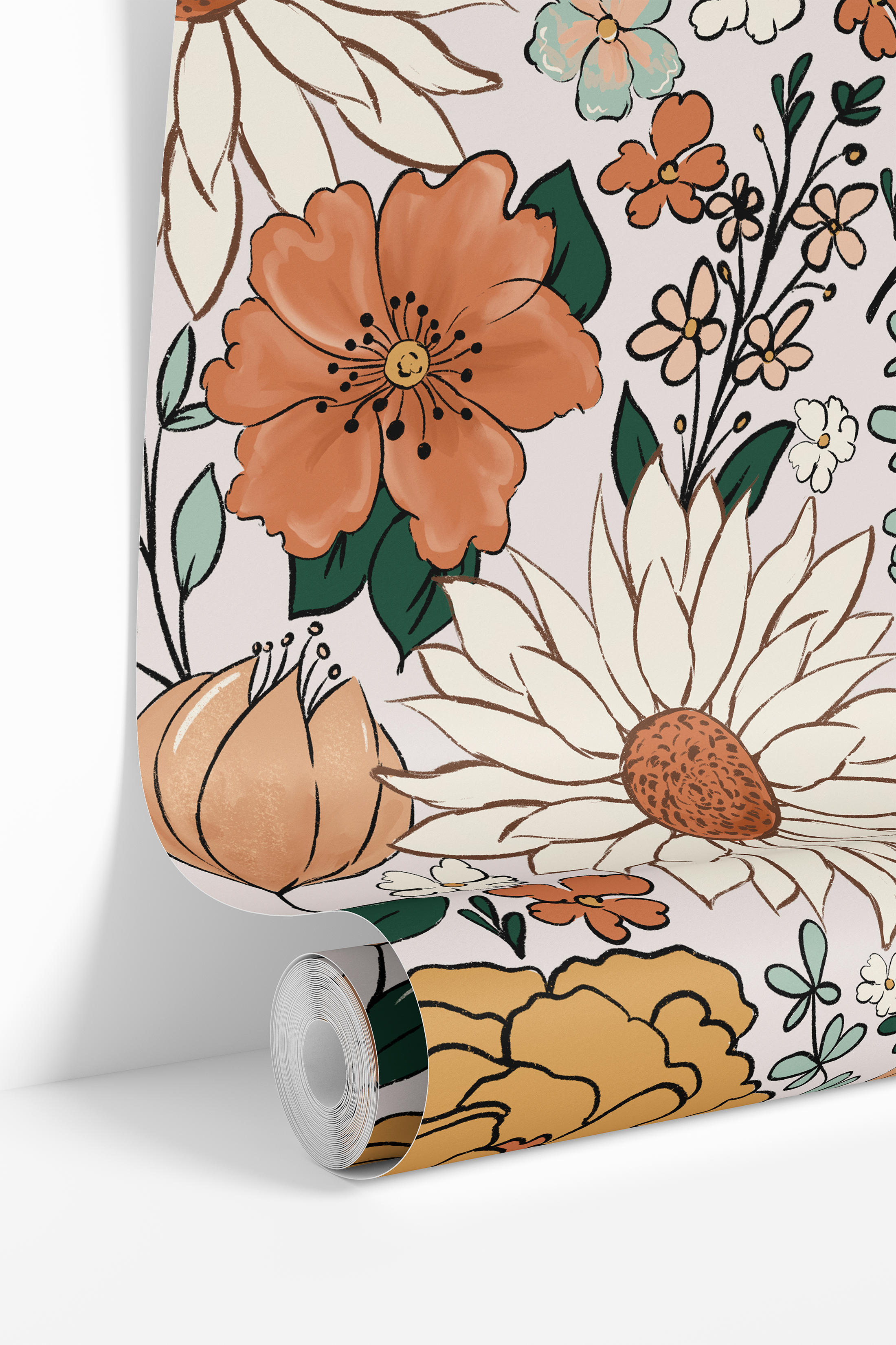 Roll of The Heiress Garden wallpaper featuring peach, ochre, cream, and green botanical flowers.