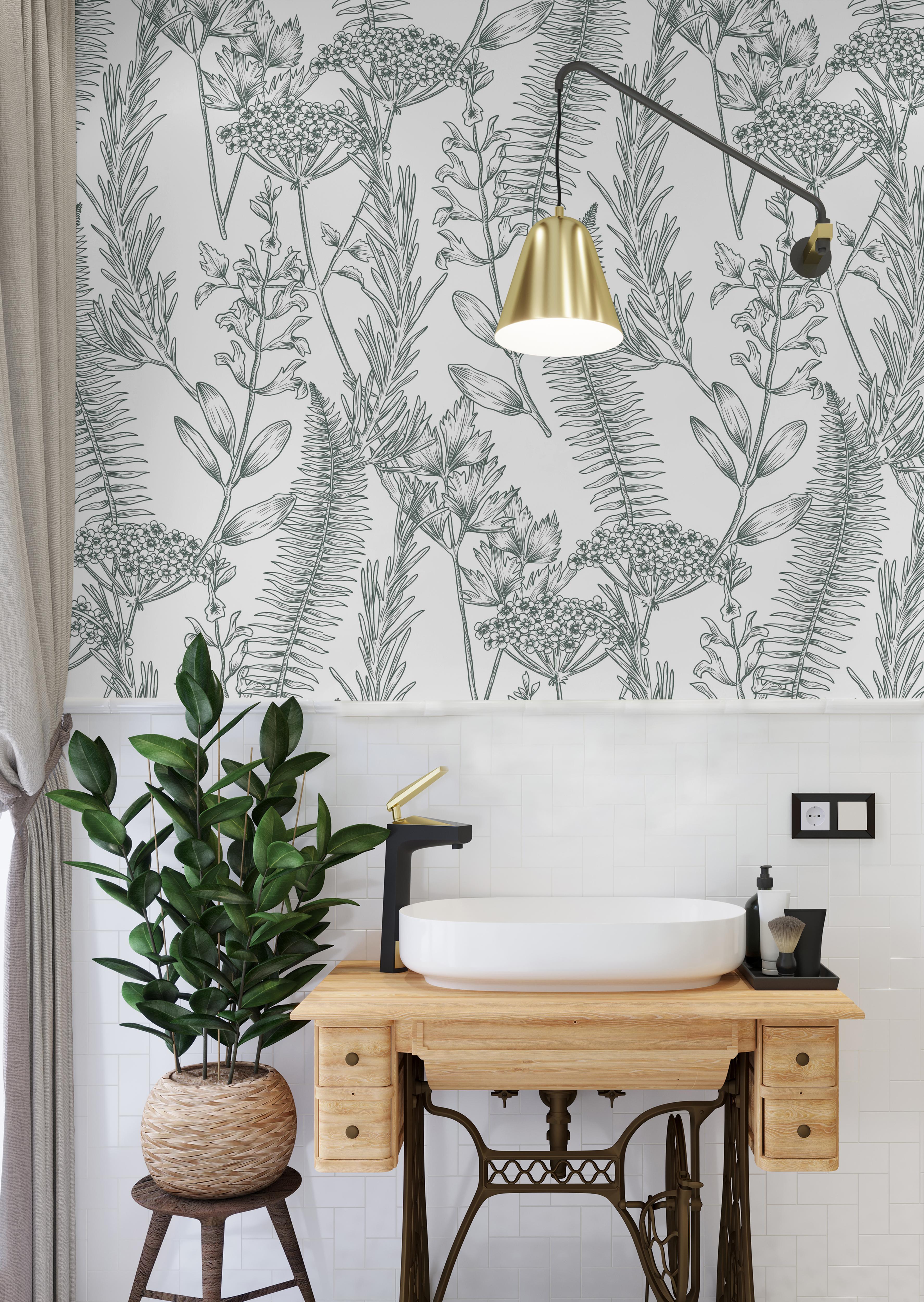 Sage and White Neutral Wild Botanical Floral Field Wallpaper | Wallpaper Peel and Stick | Removable Wallpaper | Peel and Stick Wallpaper | Wall Paper Peel And Stick | 1476 - James And Colors