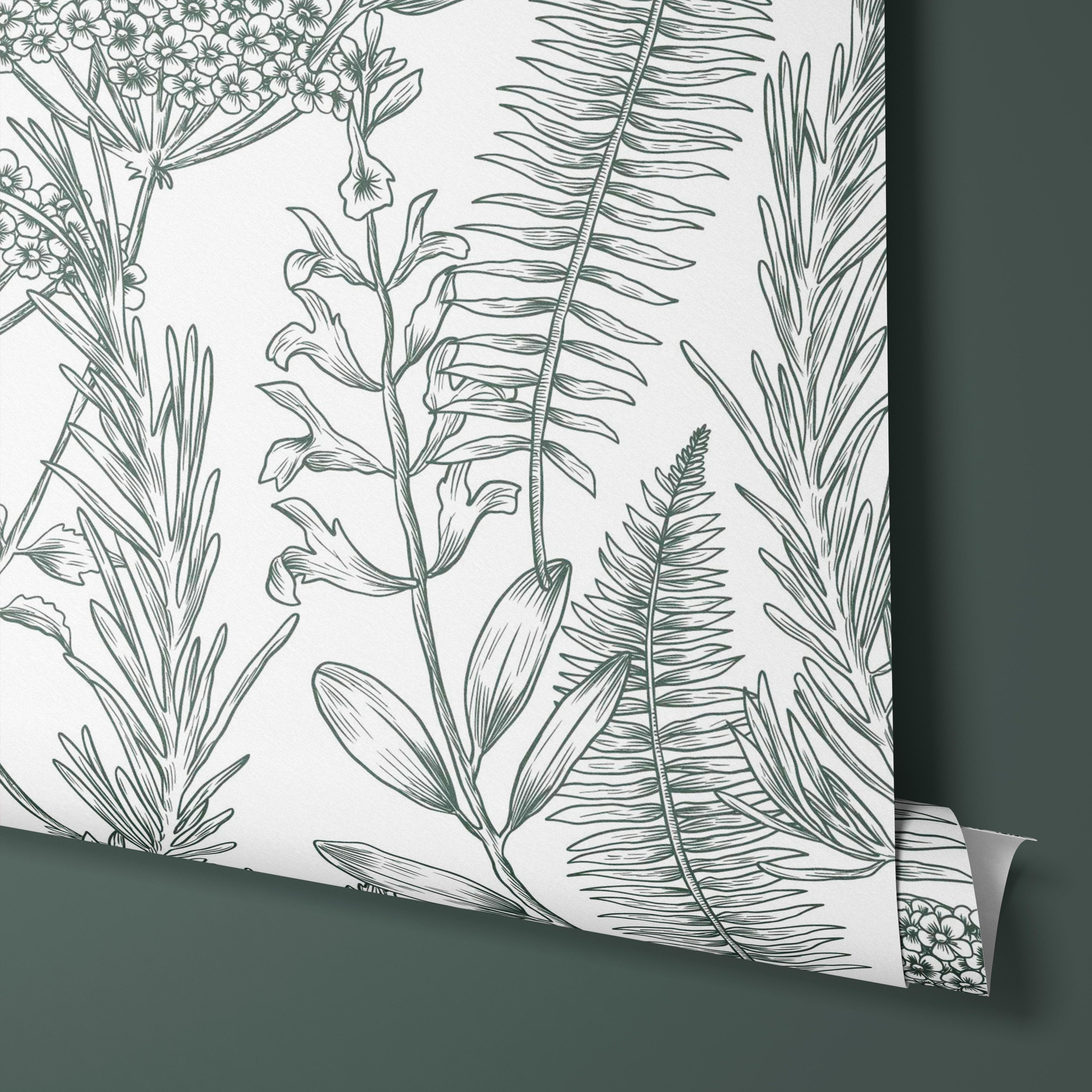 Wallpaper of a flower field with green lines and white background.