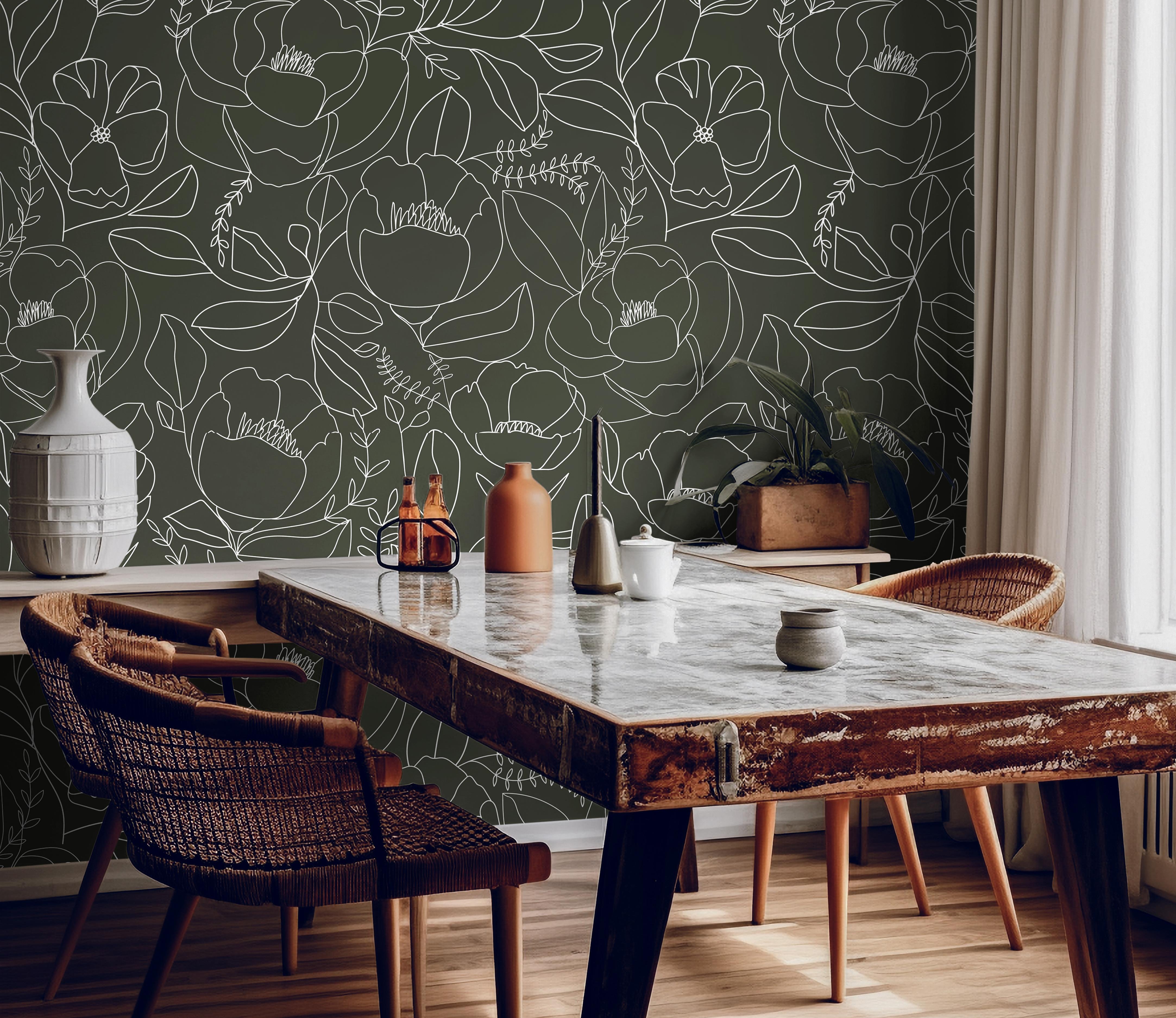 Boho Large Peony Flowers Line Art Dark Green Wallpaper | Wallpaper Peel and Stick | Removable Wallpaper | Peel and Stick Wallpaper | Wall Paper Peel And Stick | 1477 - James And Colors