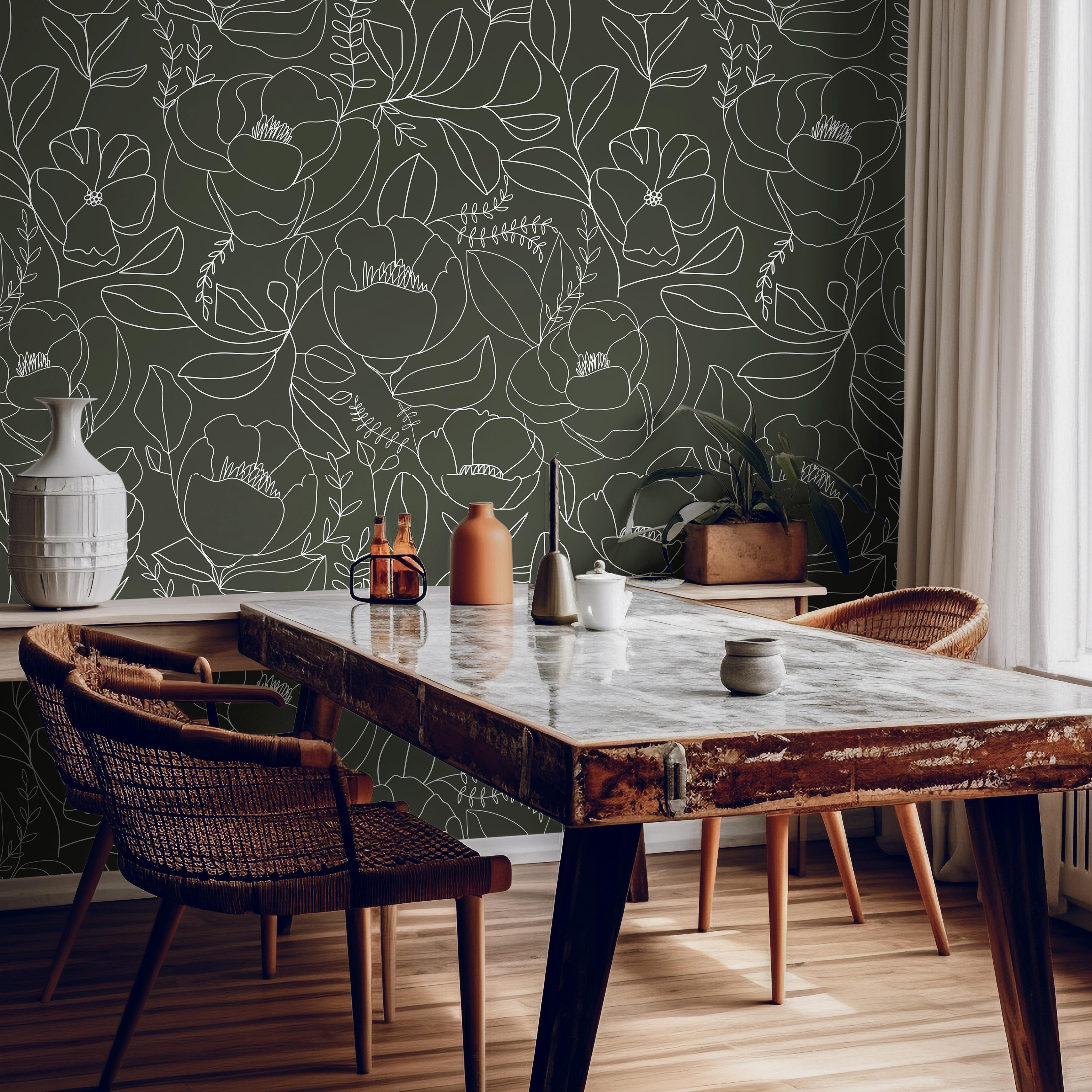 Boho Large Peony Flowers Line Art Dark Green Wallpaper | Wallpaper Peel and Stick | Removable Wallpaper | Peel and Stick Wallpaper | Wall Paper Peel And Stick | 1477 - James And Colors
