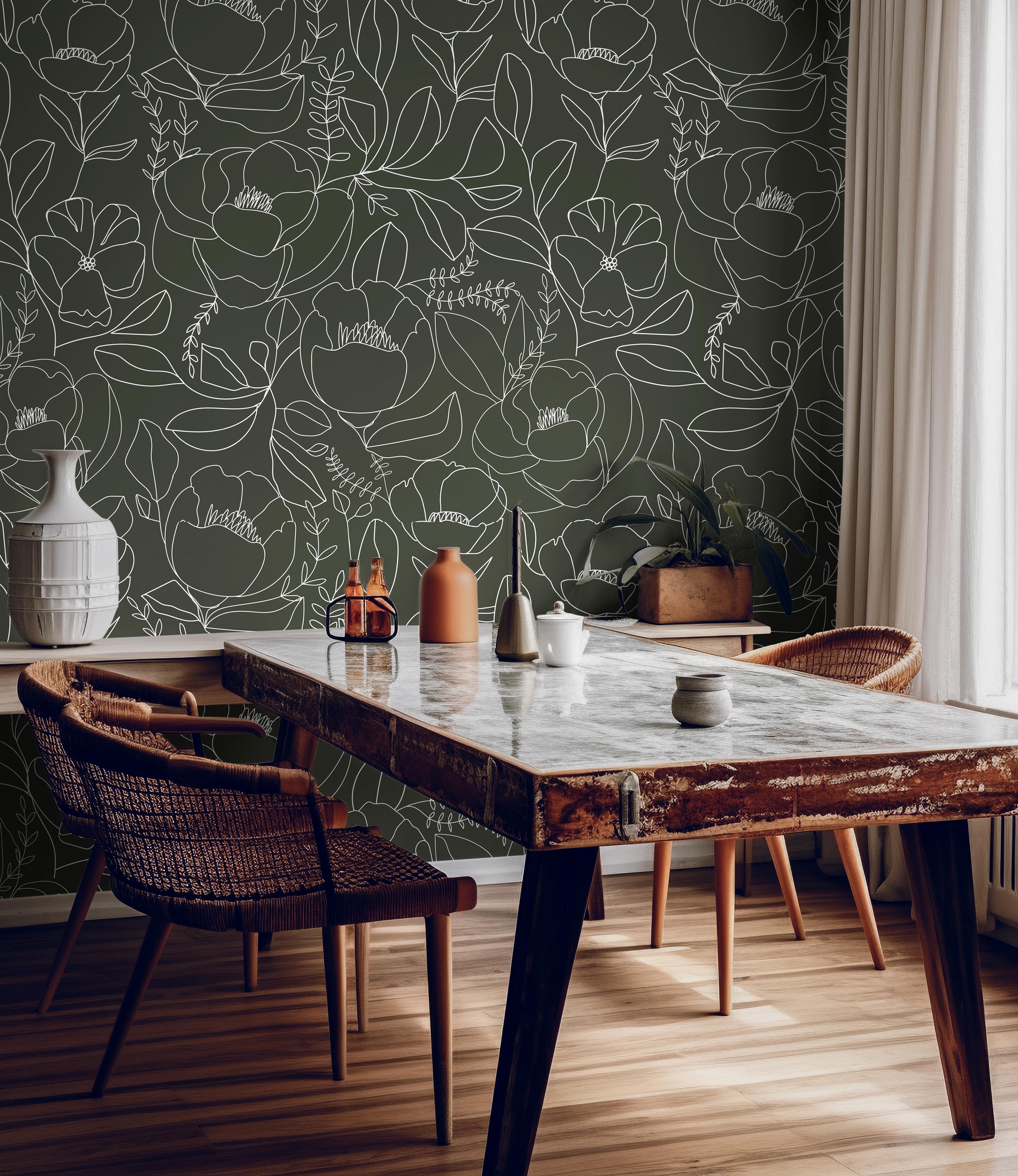 Boho Large Peony Flowers Line Art Dark Green Wallpaper | Wallpaper Peel and Stick | Removable Wallpaper | Peel and Stick Wallpaper | Wall Paper Peel And Stick | 1477 - James And Colors