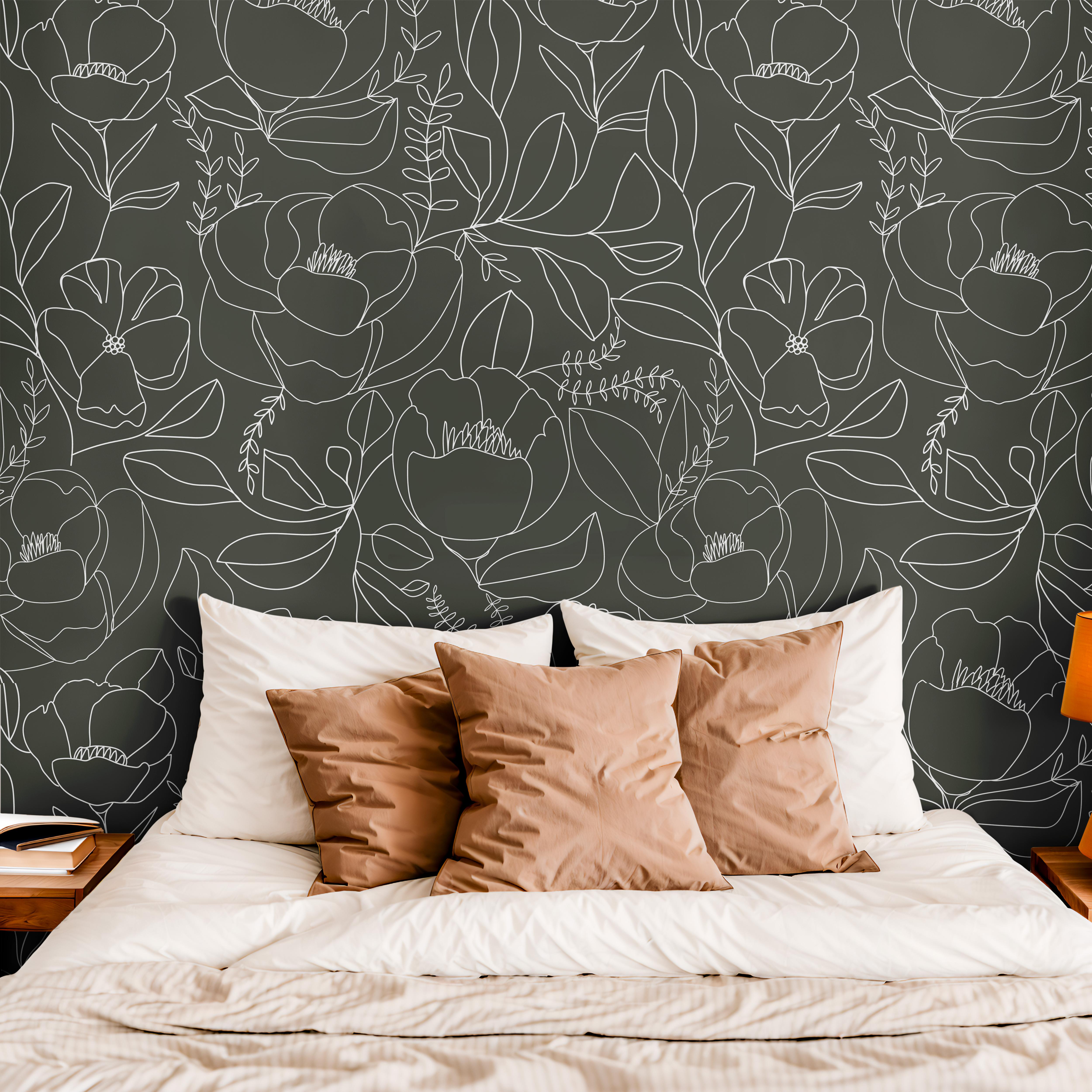 Boho Large Peony Flowers Line Art Dark Green Wallpaper | Wallpaper Peel and Stick | Removable Wallpaper | Peel and Stick Wallpaper | Wall Paper Peel And Stick | 1477 - James And Colors