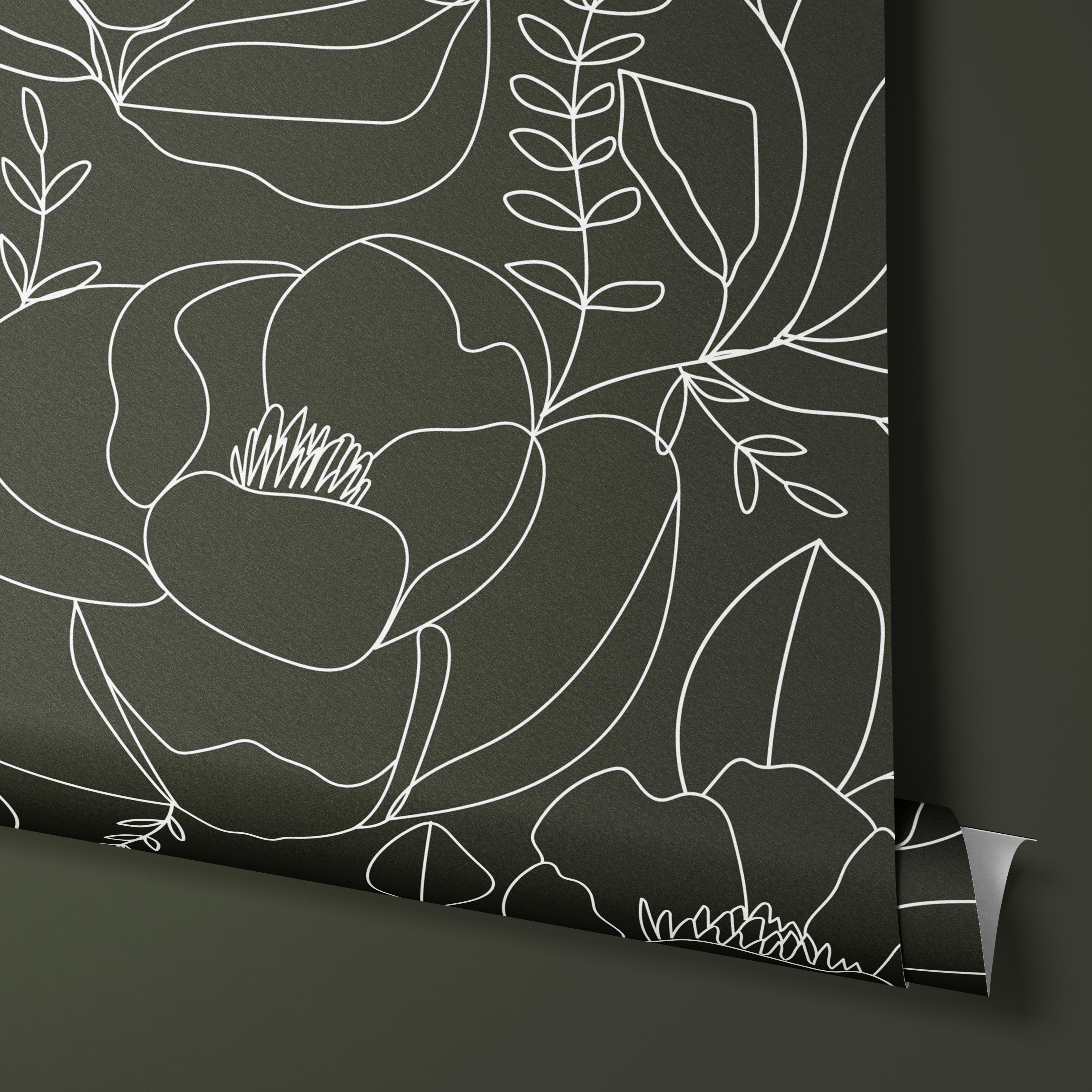 Wallpaper of a large peony flower don in line art on a dark green background.
