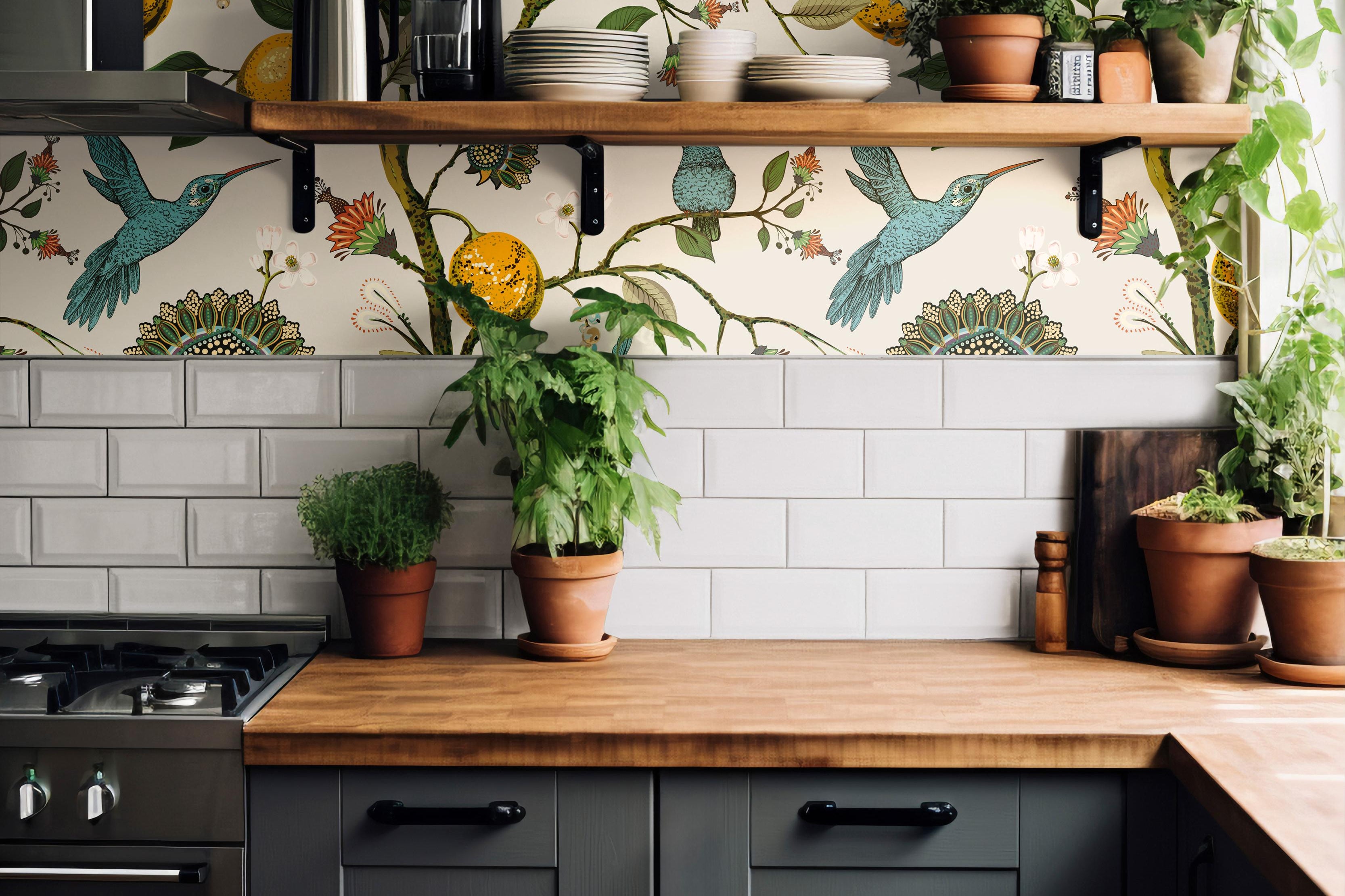 Wallpaper 1521: Vibrant kitchen with citrus and bird-themed wallpaper in teal, yellow, and green tones, styled with potted herbs and wooden shelves.