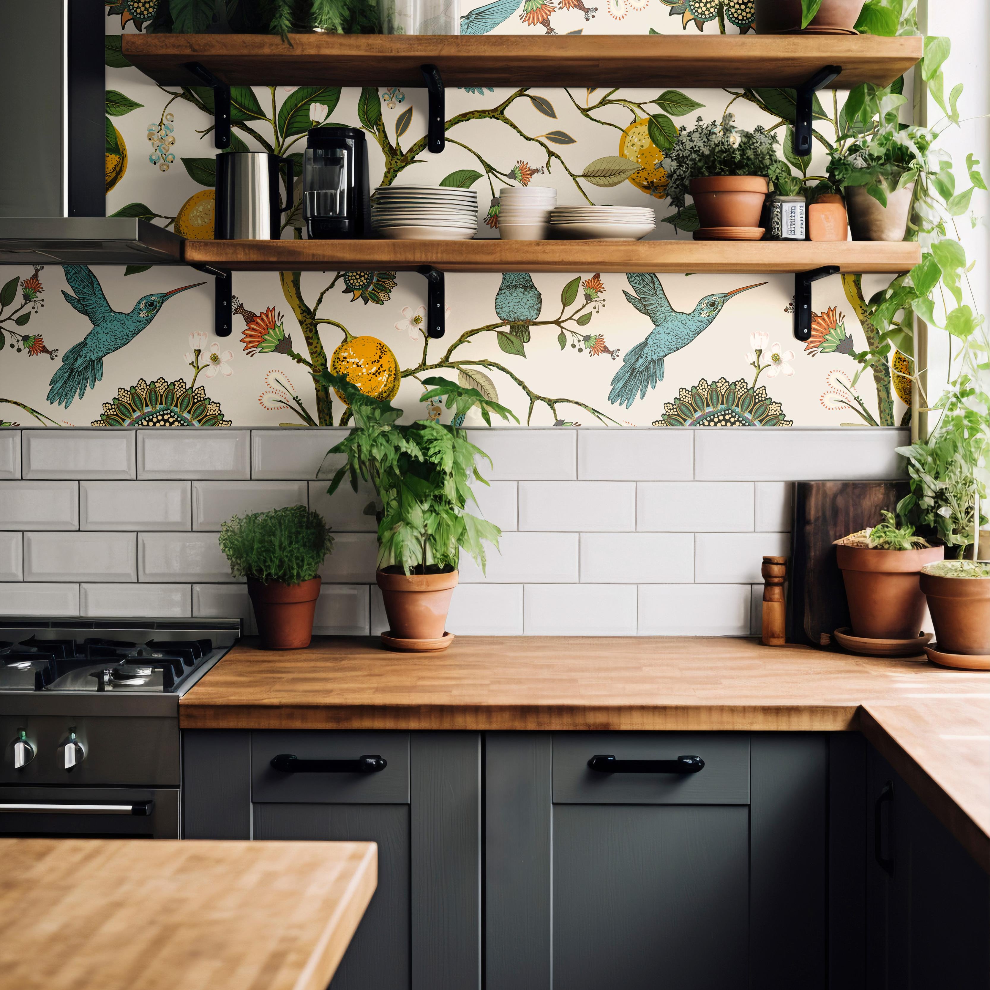 Wallpaper 1521: Vibrant kitchen with citrus and bird-themed wallpaper in teal, yellow, and green tones, styled with potted herbs and wooden shelves.