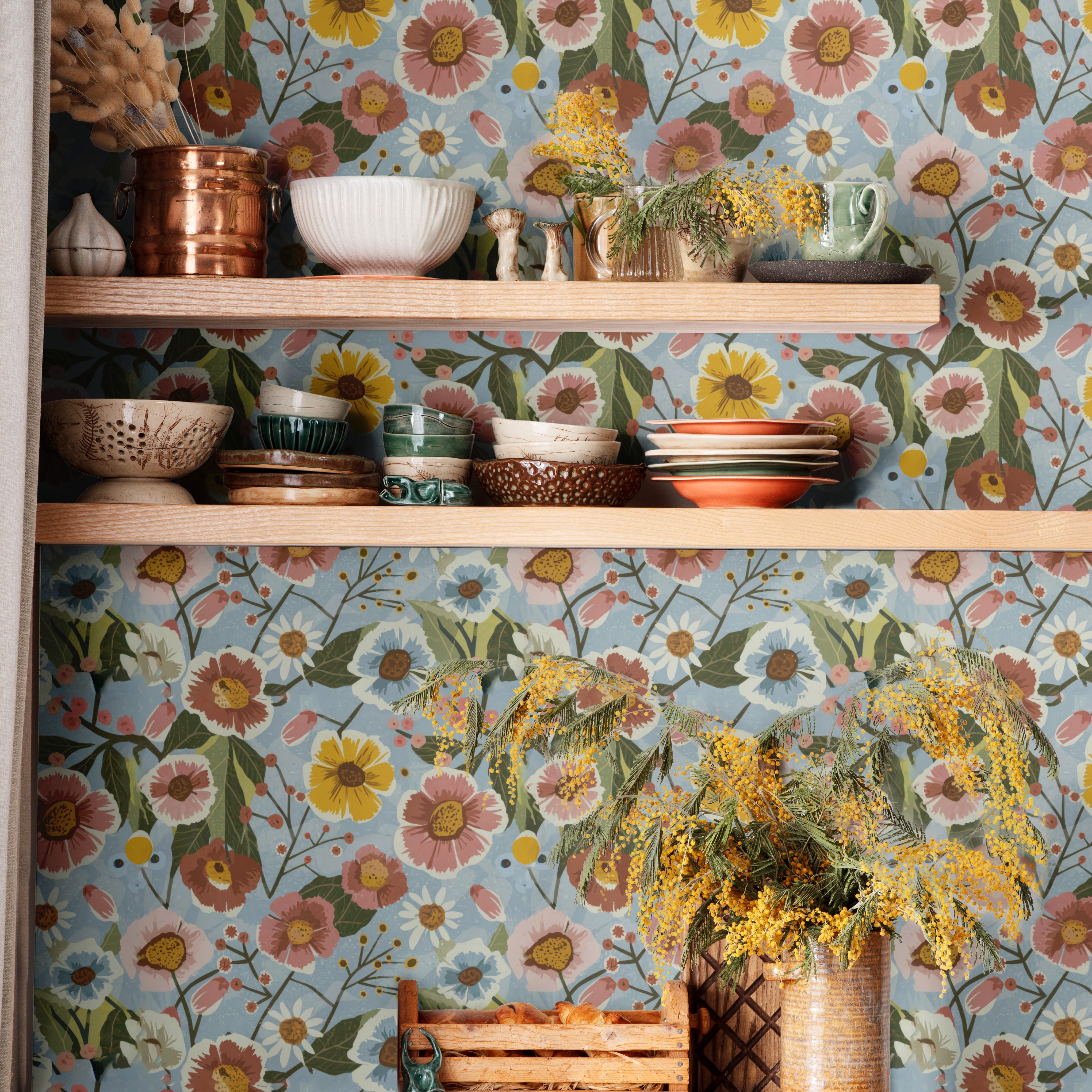 Colorful Vintage Blooming Peonies and Daisies Wallpaper | Wallpaper Peel and Stick | Removable Wallpaper | Peel and Stick Wallpaper | Wall Paper Peel And Stick | 1571 - James And Colors