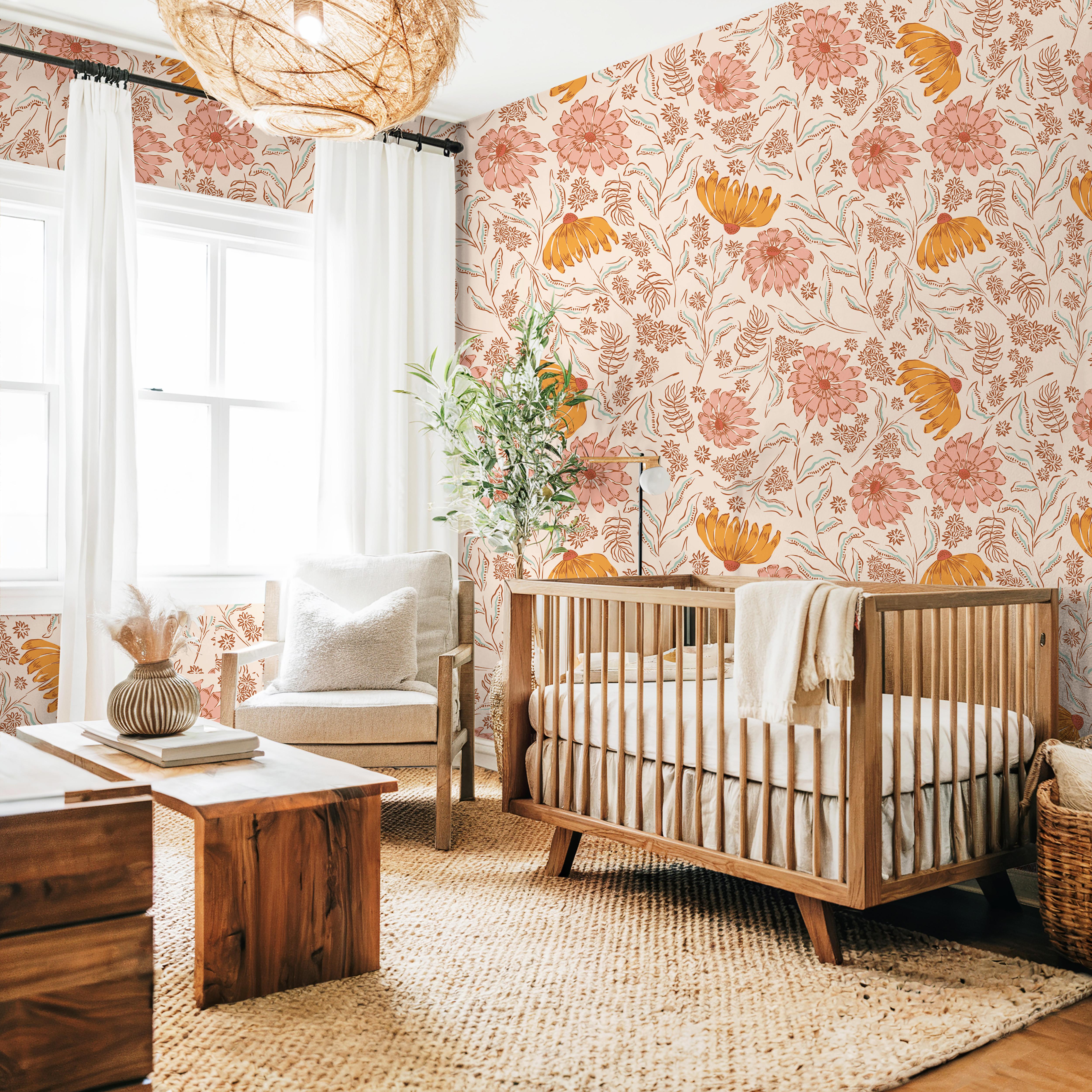 Pink and Yellow Coneflower Wallpaper | Girls Nursery Wallpaper Peel and Stick | Removable Wallpaper | Peel and Stick Wallpaper | 1593 - James And Colors