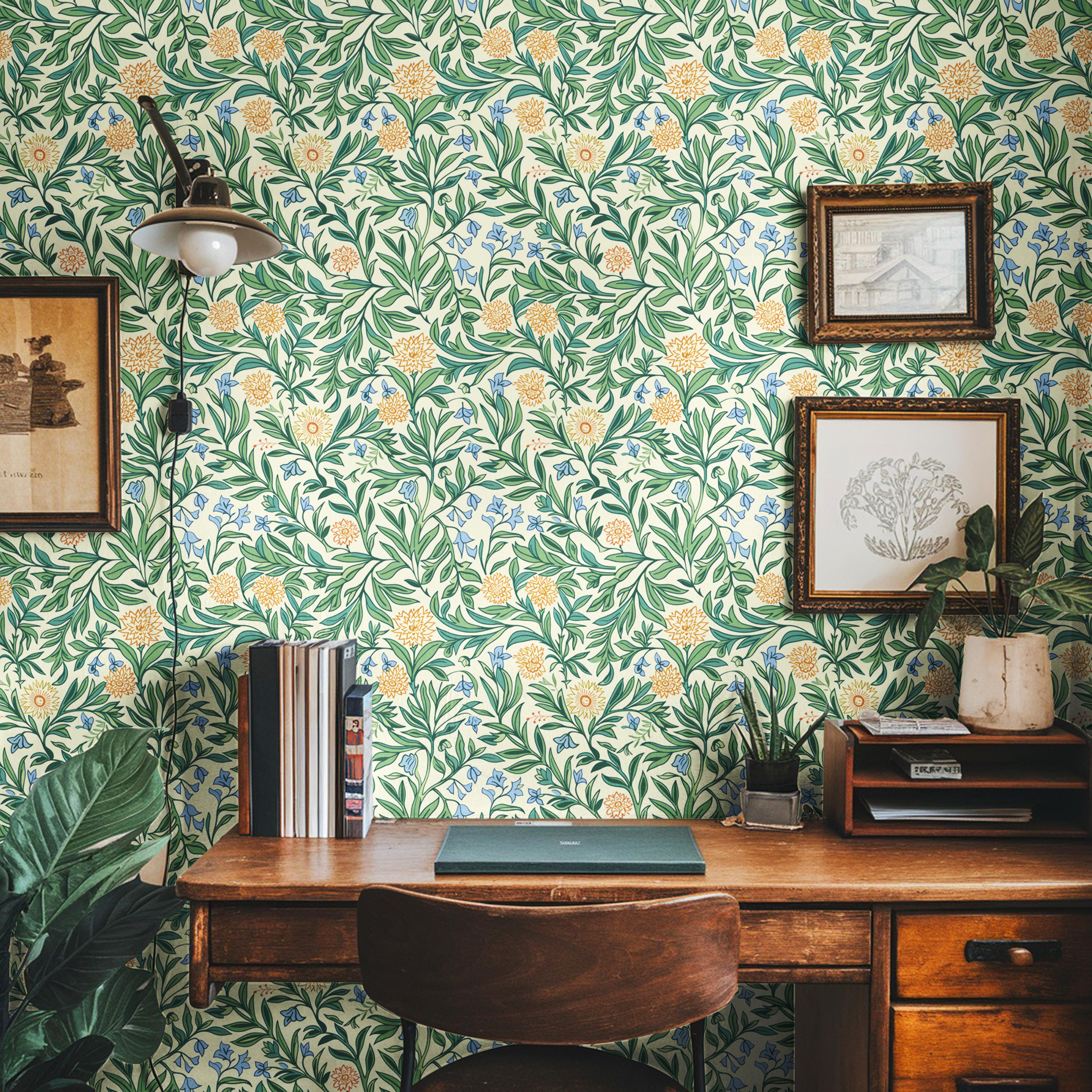 Trailing Green Foliage Vintage Wildflowers Peel and Stick Removable Wallpaper Wall Decor Home Decor Wall Art Printable Wall Art Room Decor 1563 - James And Colors