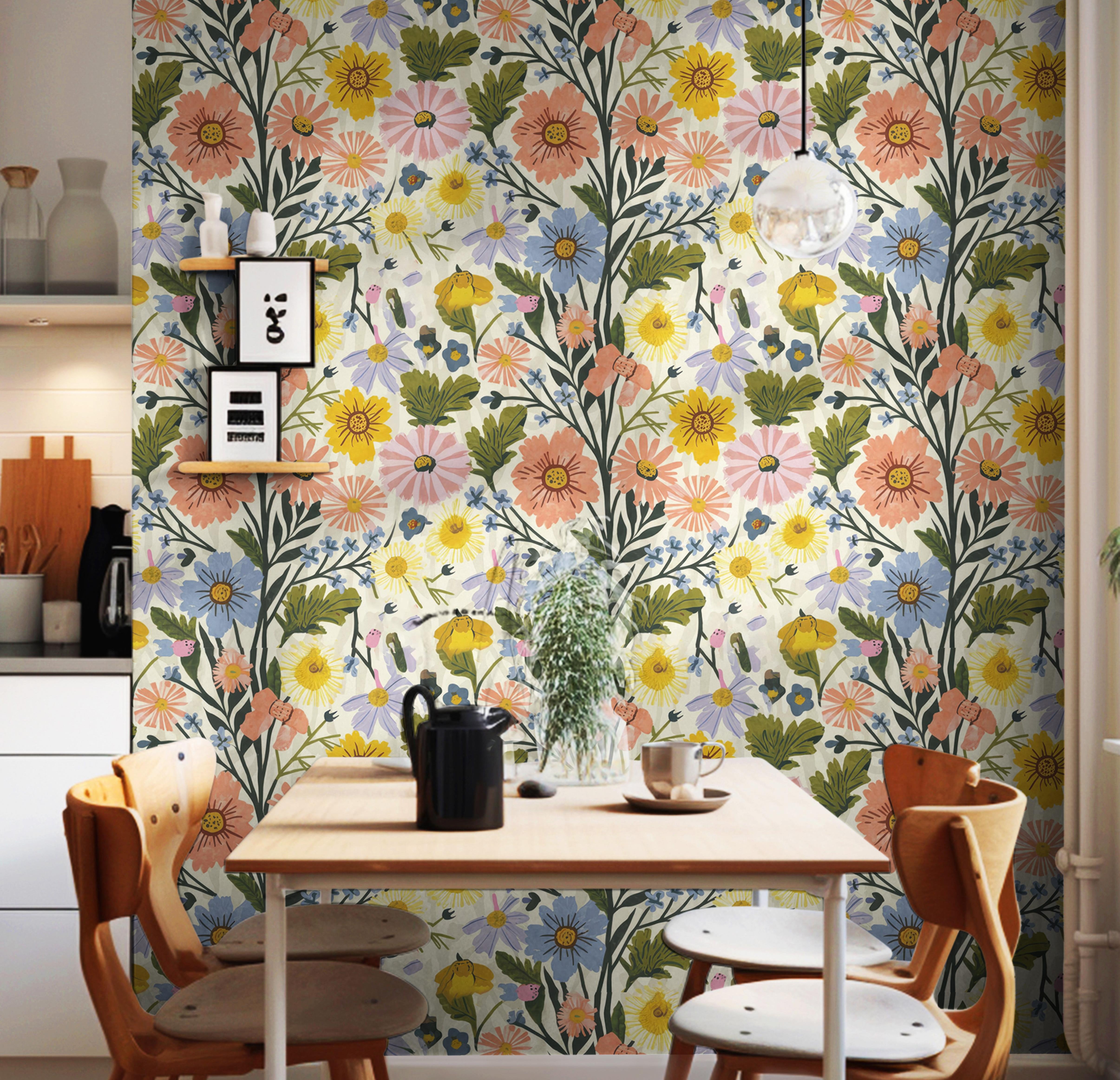 Floral Spring Vibes with Colorful Vintage Flowers | Wallpaper Peel and Stick | Removable Wallpaper | Peel and Stick Wallpaper | Wall Paper Peel And Stick | 1569 - James And Colors