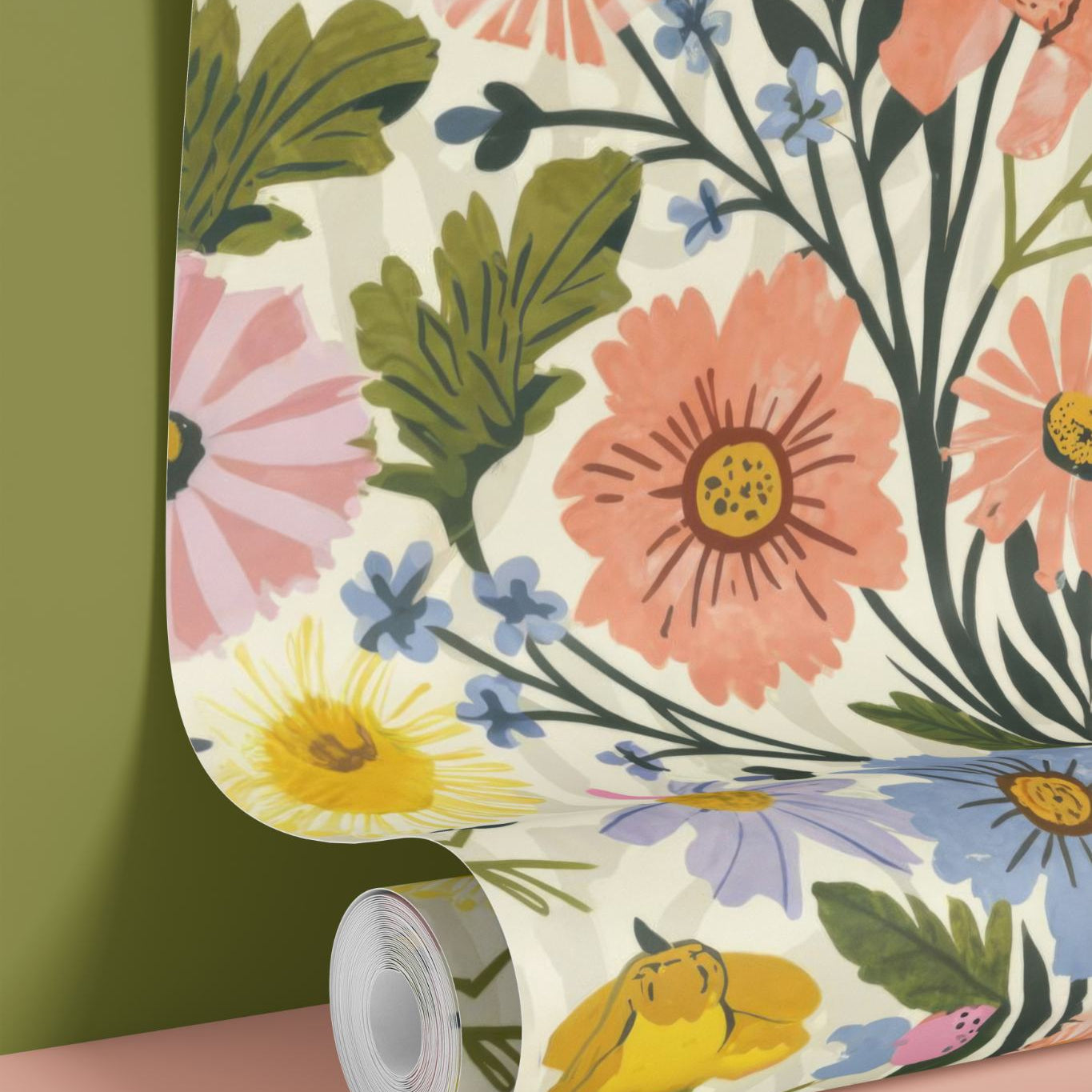 Partly unrolled roll of Floral Spring Vibes wallpaper showing coral, yellow and blue blooms on cream, against a green wall
