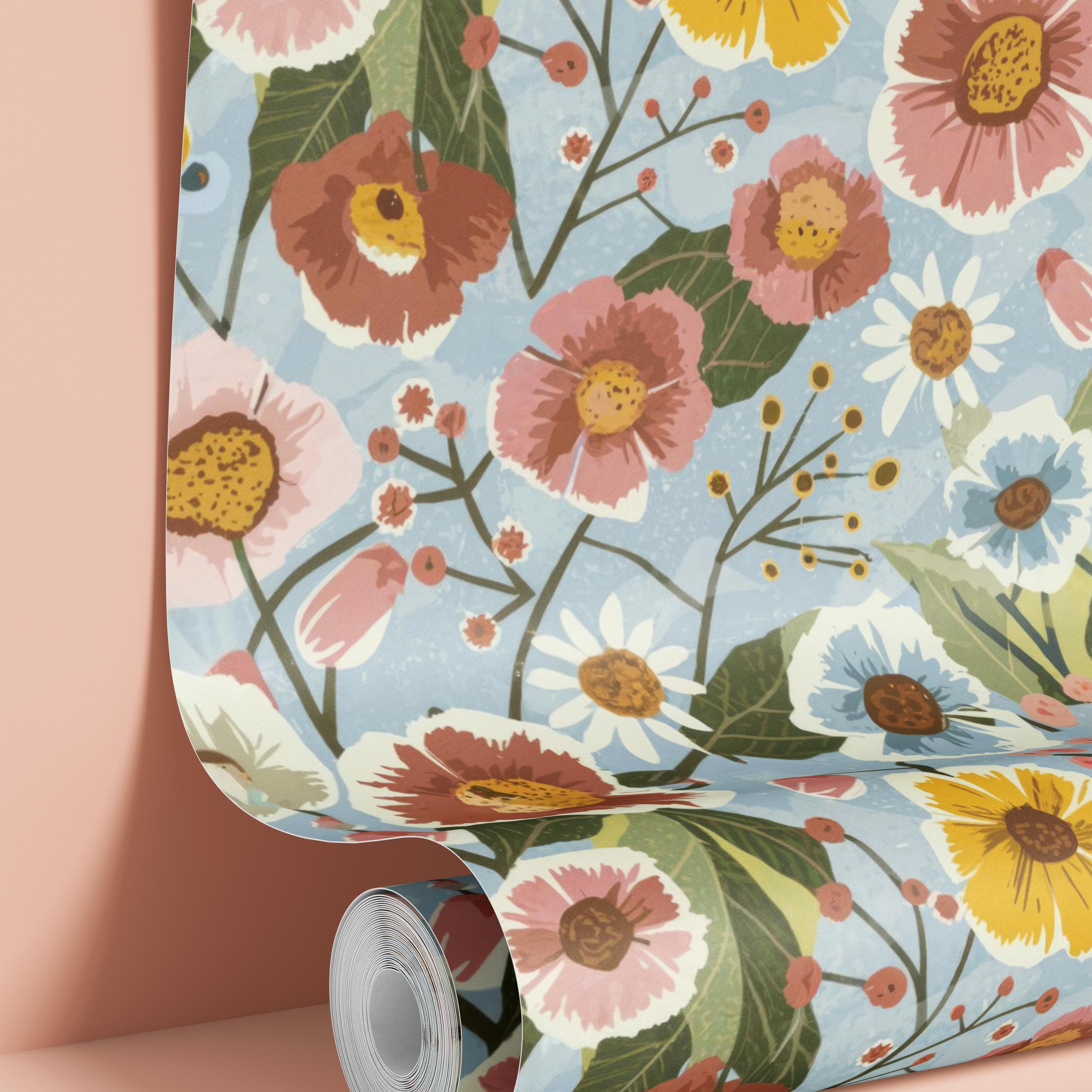 Colorful Vintage Blooming Peonies and Daisies Wallpaper | Wallpaper Peel and Stick | Removable Wallpaper | Peel and Stick Wallpaper | Wall Paper Peel And Stick | 1571 - James And Colors
