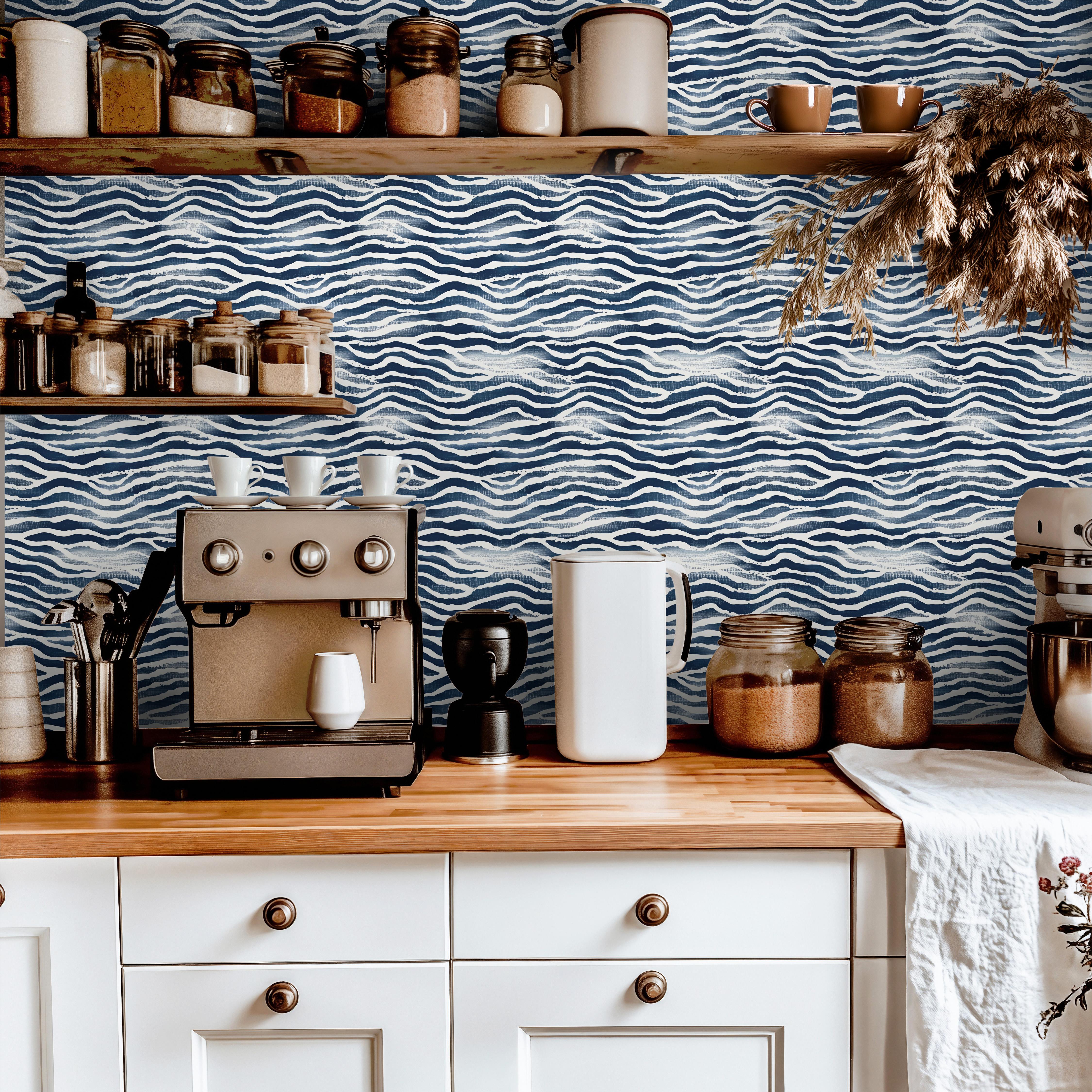 Navy and White Wavy Waves | Wallpaper Peel and Stick | Removable Wallp ...