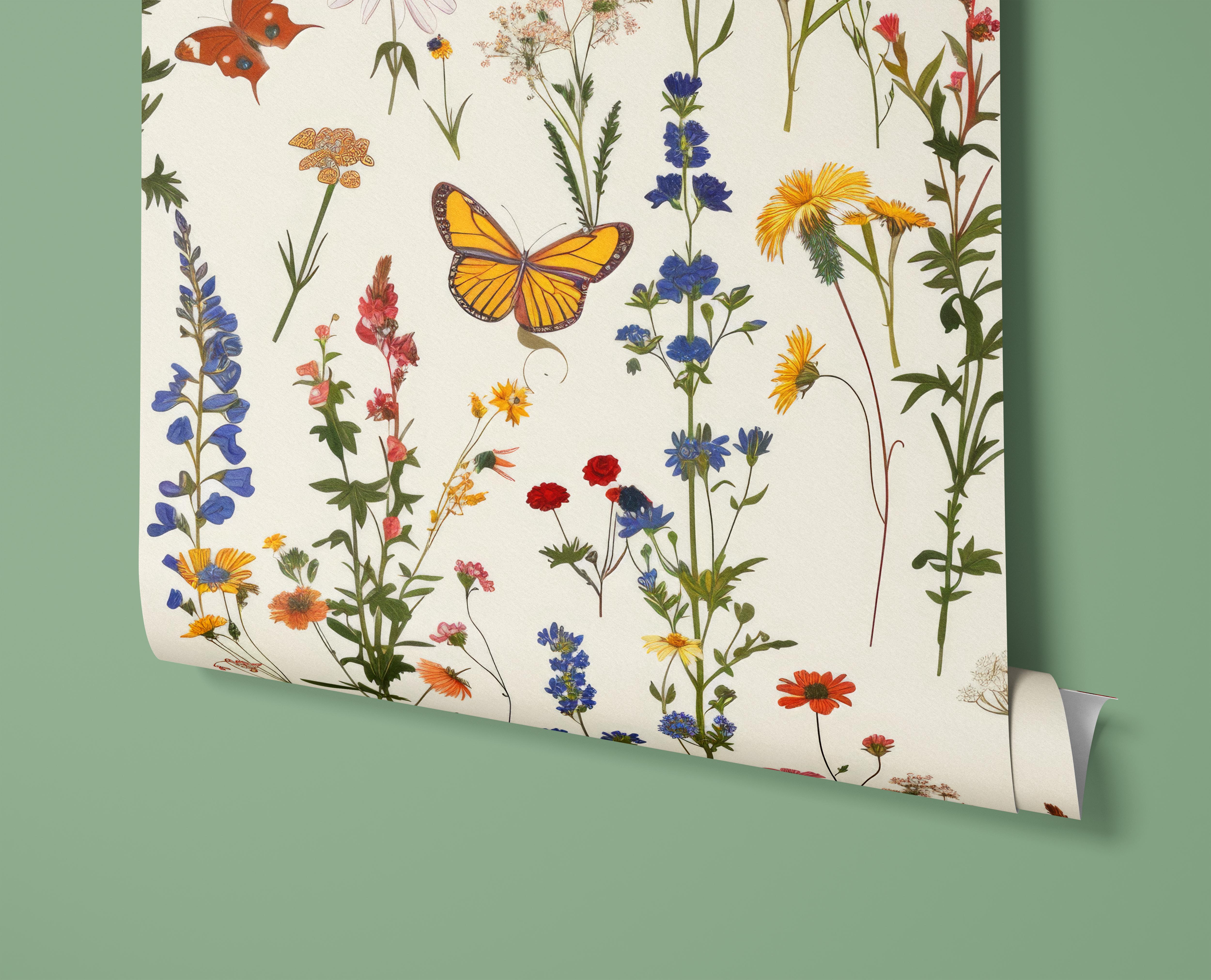 Butterfly and Moth on a Wildflower Field | Wallpaper Peel and Stick | Removable Wallpaper | Peel and Stick Wallpaper | Wall Paper Peel And Stick | 1578 - James And Colors