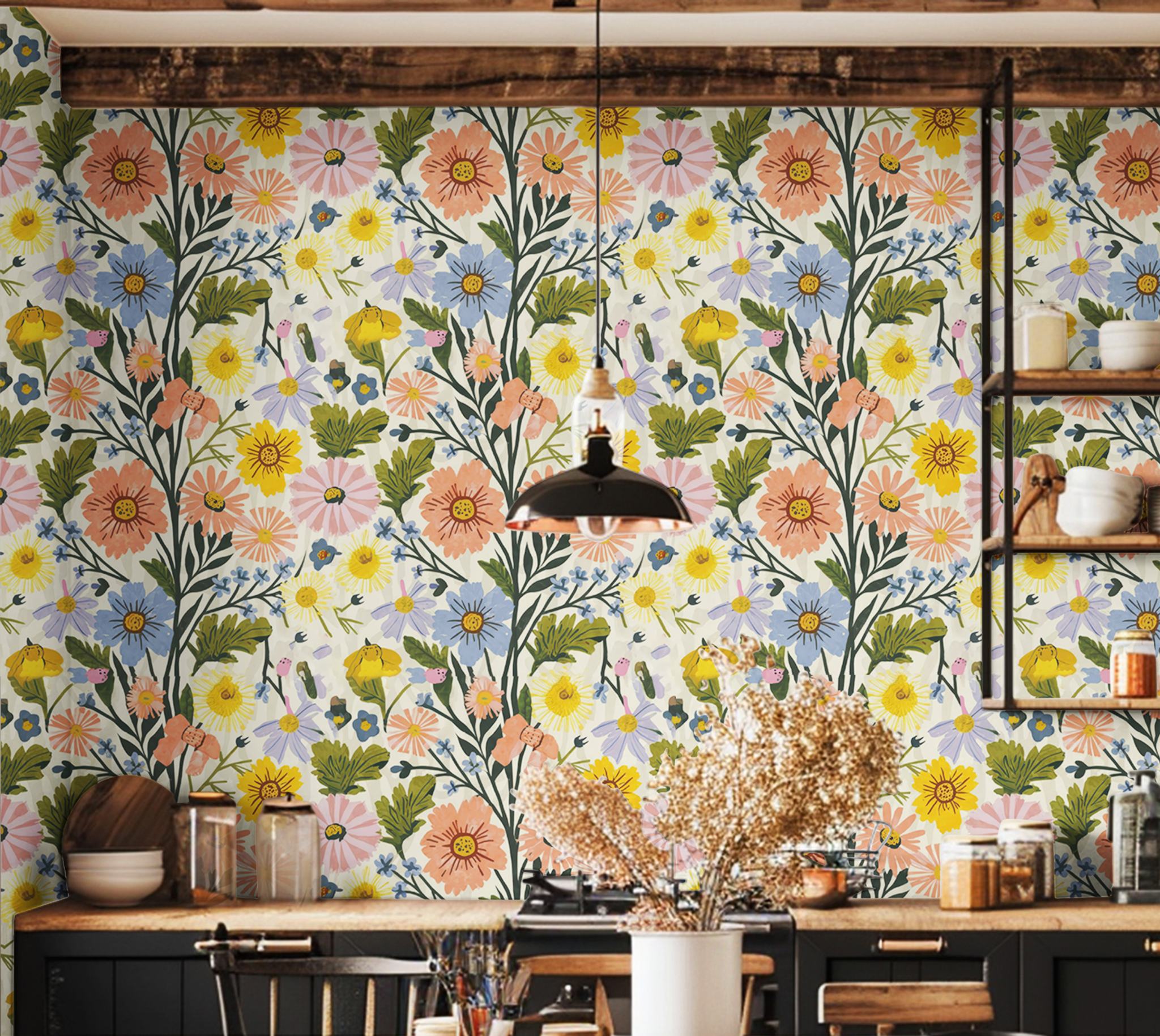 Floral Spring Vibes wildflower wallpaper on a kitchen wall with open shelves and a black pendant lamp