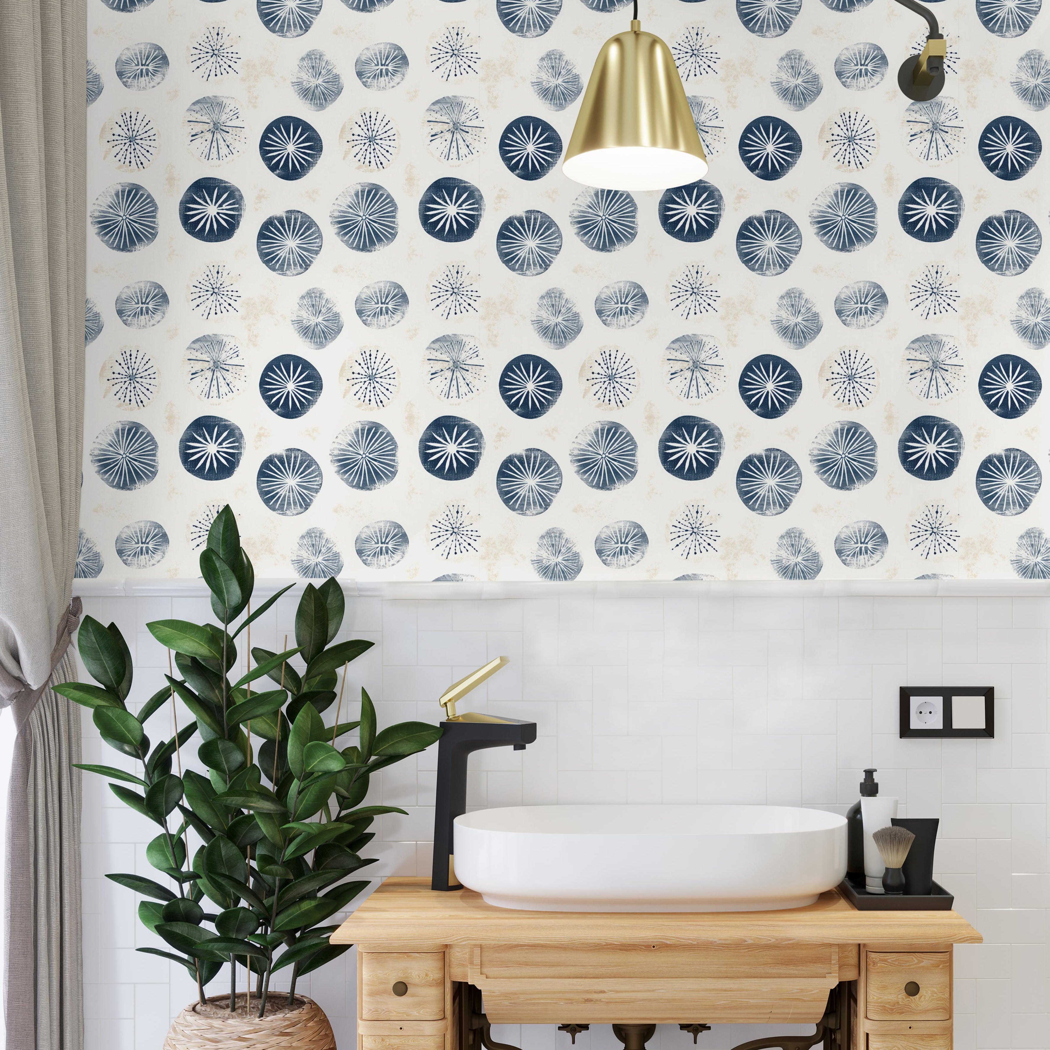 Blue and White sand dollars on a cream background.