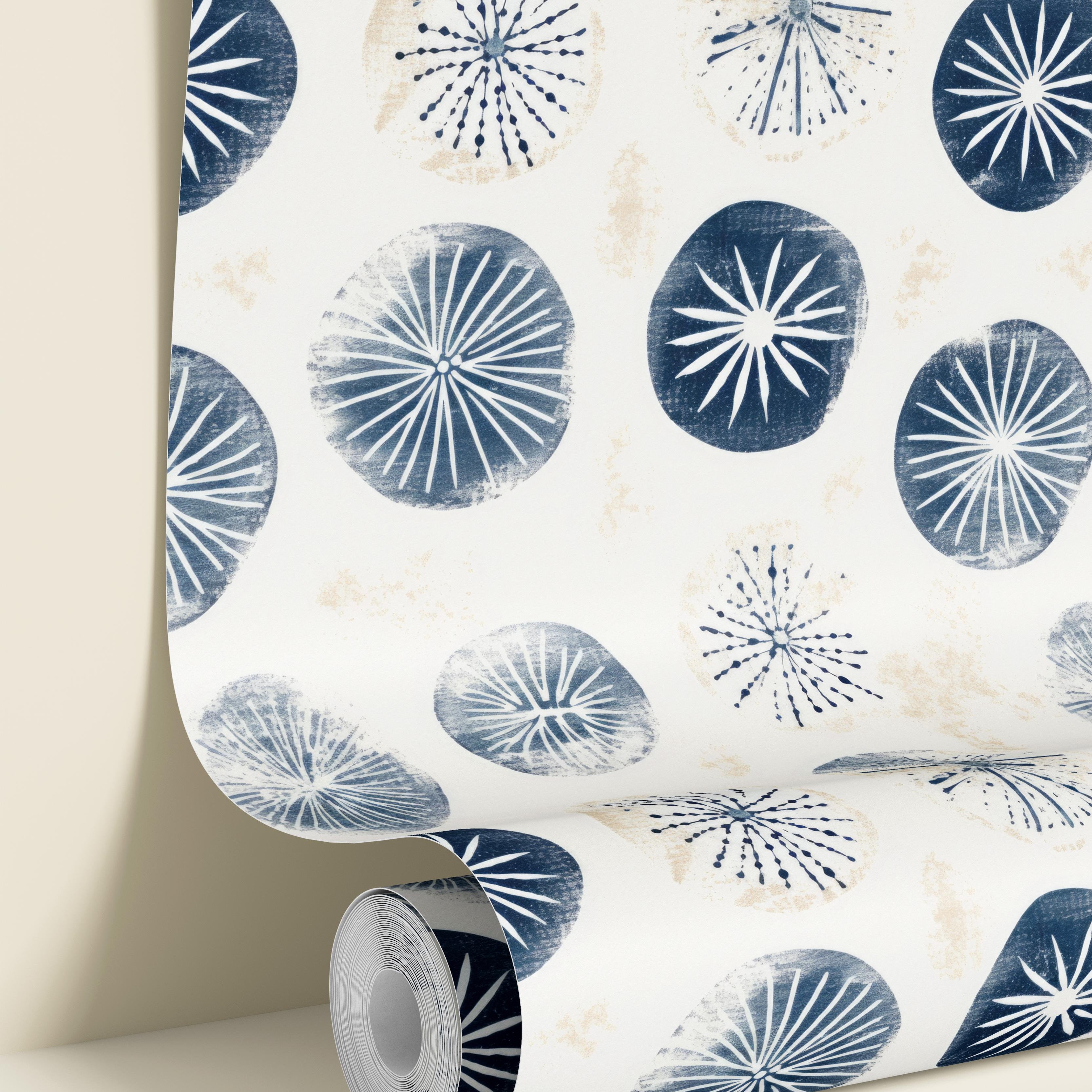 Blue and White sand dollars on a cream background.