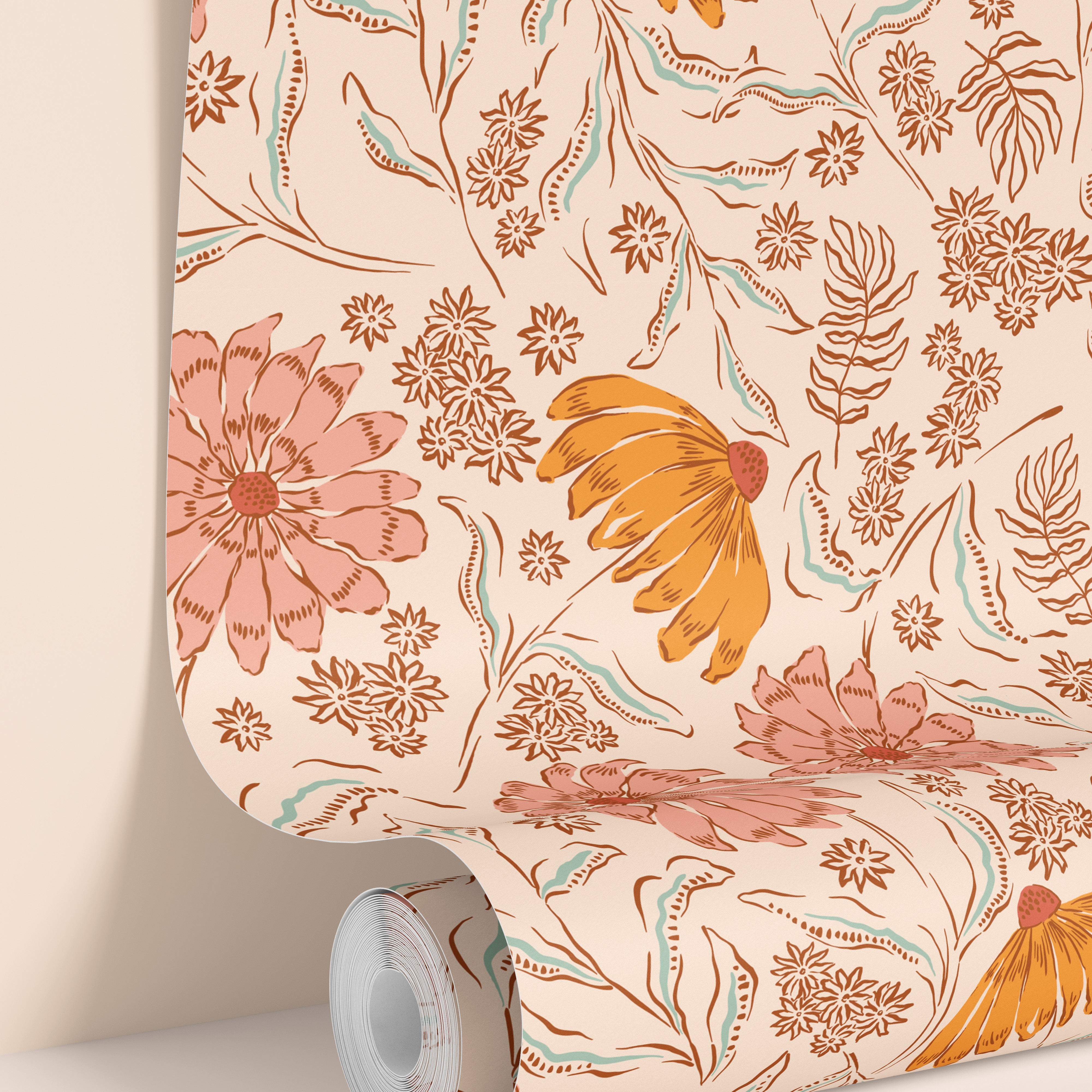 Wallpaper of yellow and pink coneflowers on a cream background. 