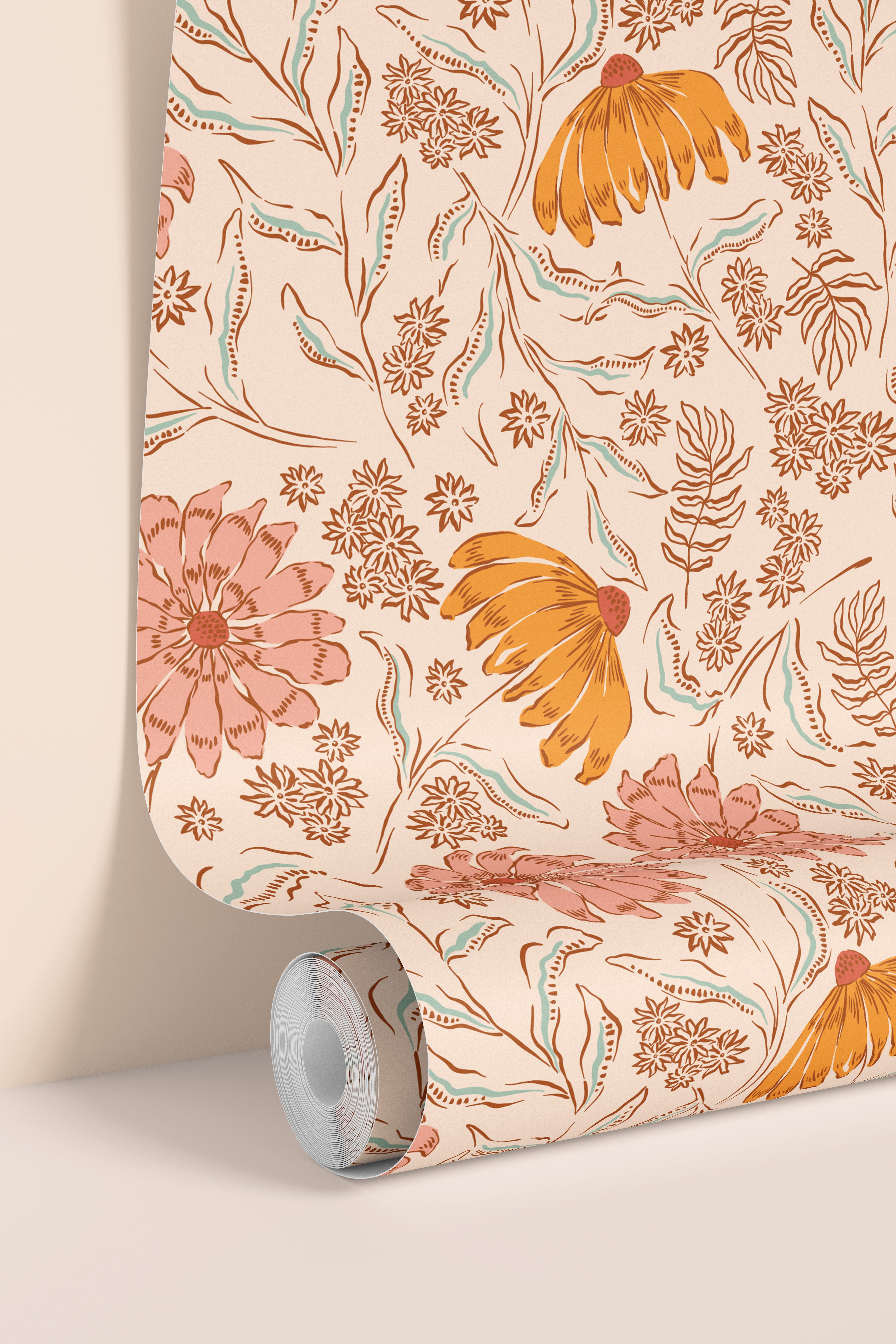 Wallpaper of yellow and pink coneflowers on a cream background. 