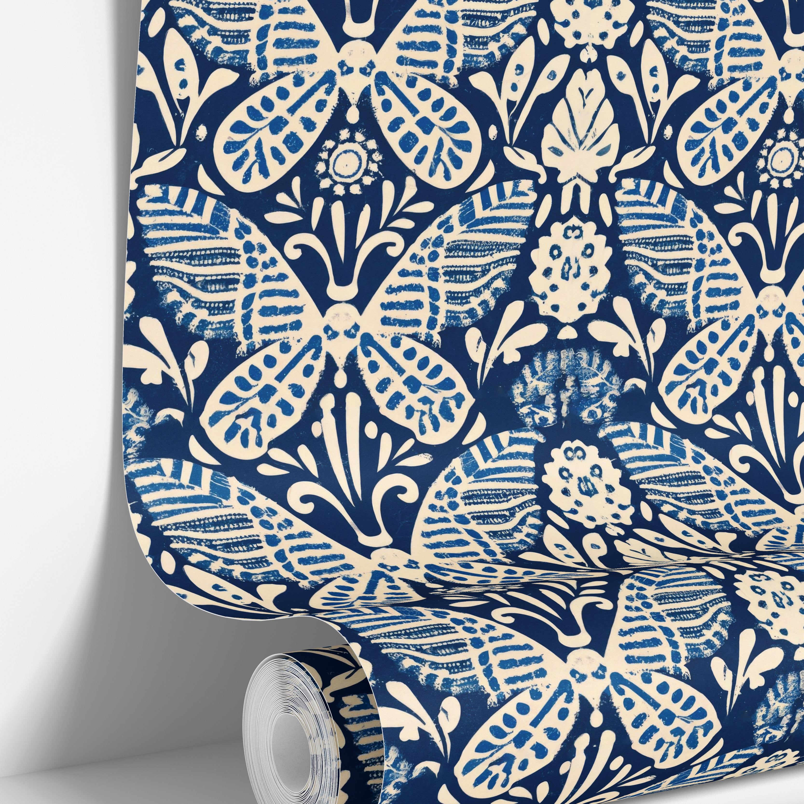 Midnight Flutter Blue and Cream Moth | Peel And Stick Wallpaper | Adhesive Wallpaper | Wallpaper Peel Stick Wall Mural 1601 - James And Colors