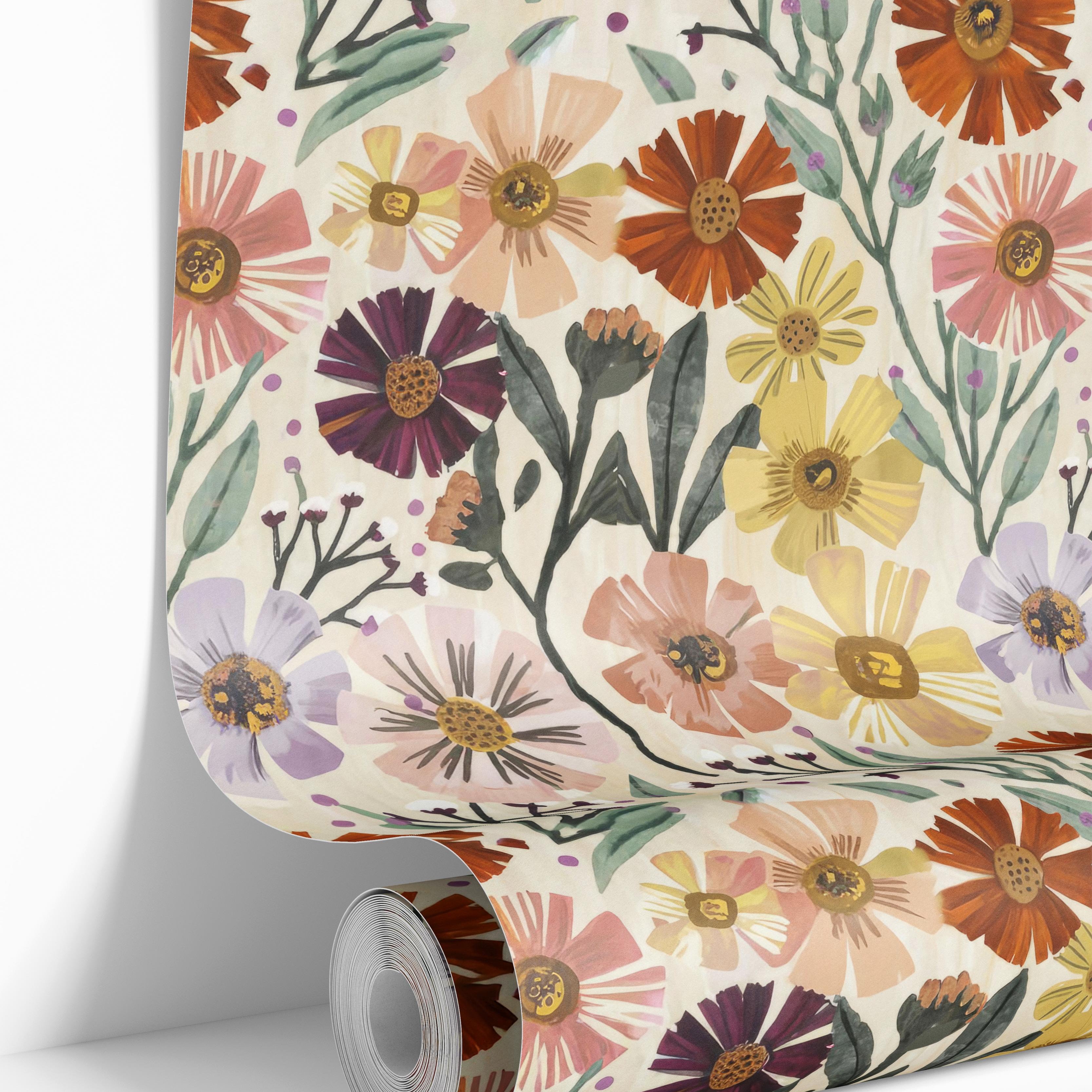 Wallpaper 1610a depicting various flowers such as daisies, zinnias, cosmos, and asters on a cream background.
