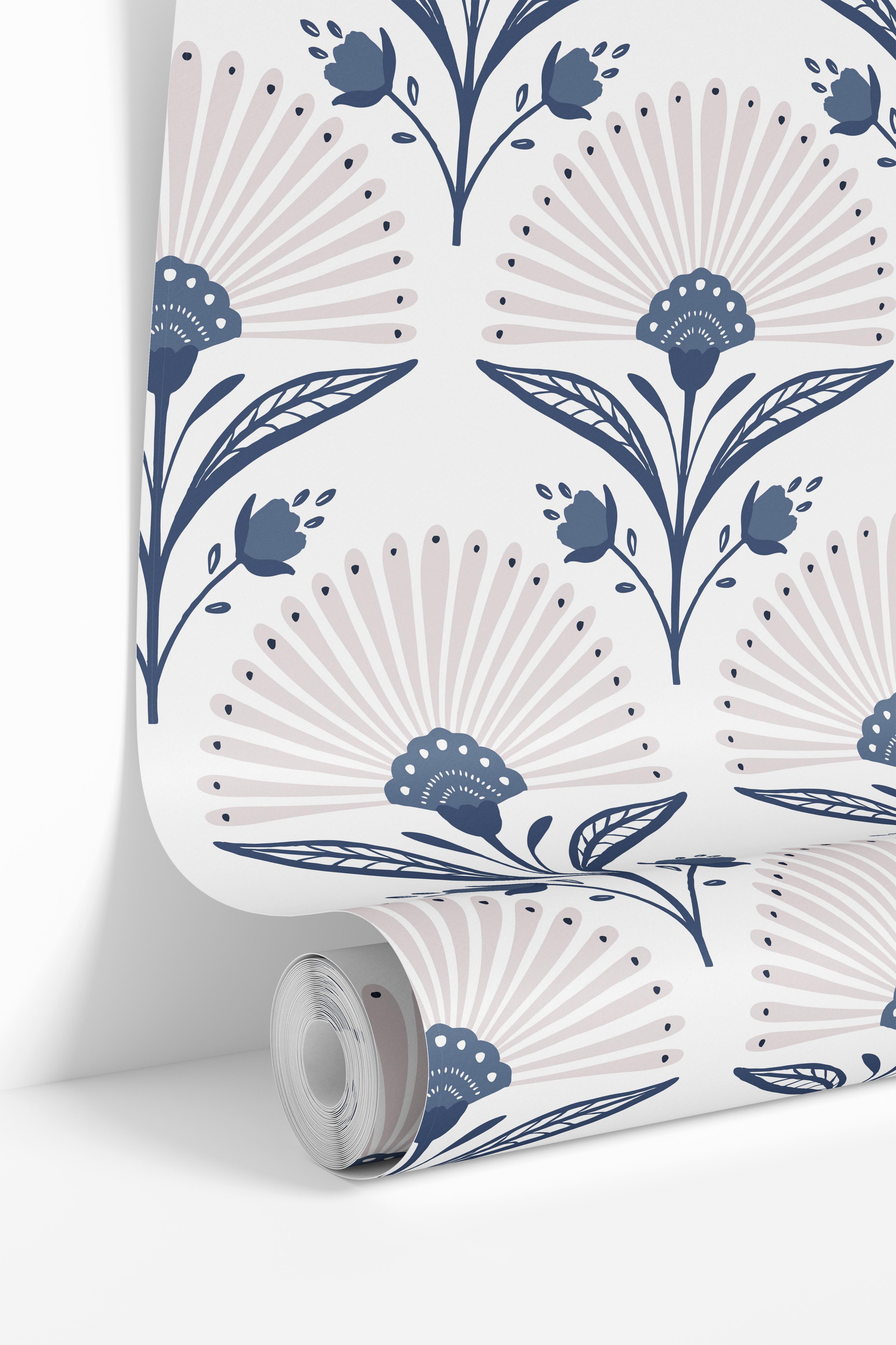 Art Deco Blue Sunburst Floral Wallpaper | Wallpaper Peel and Stick | Removable Wallpaper | Wallpaper Peel And Stick | 1632 - James And Colors