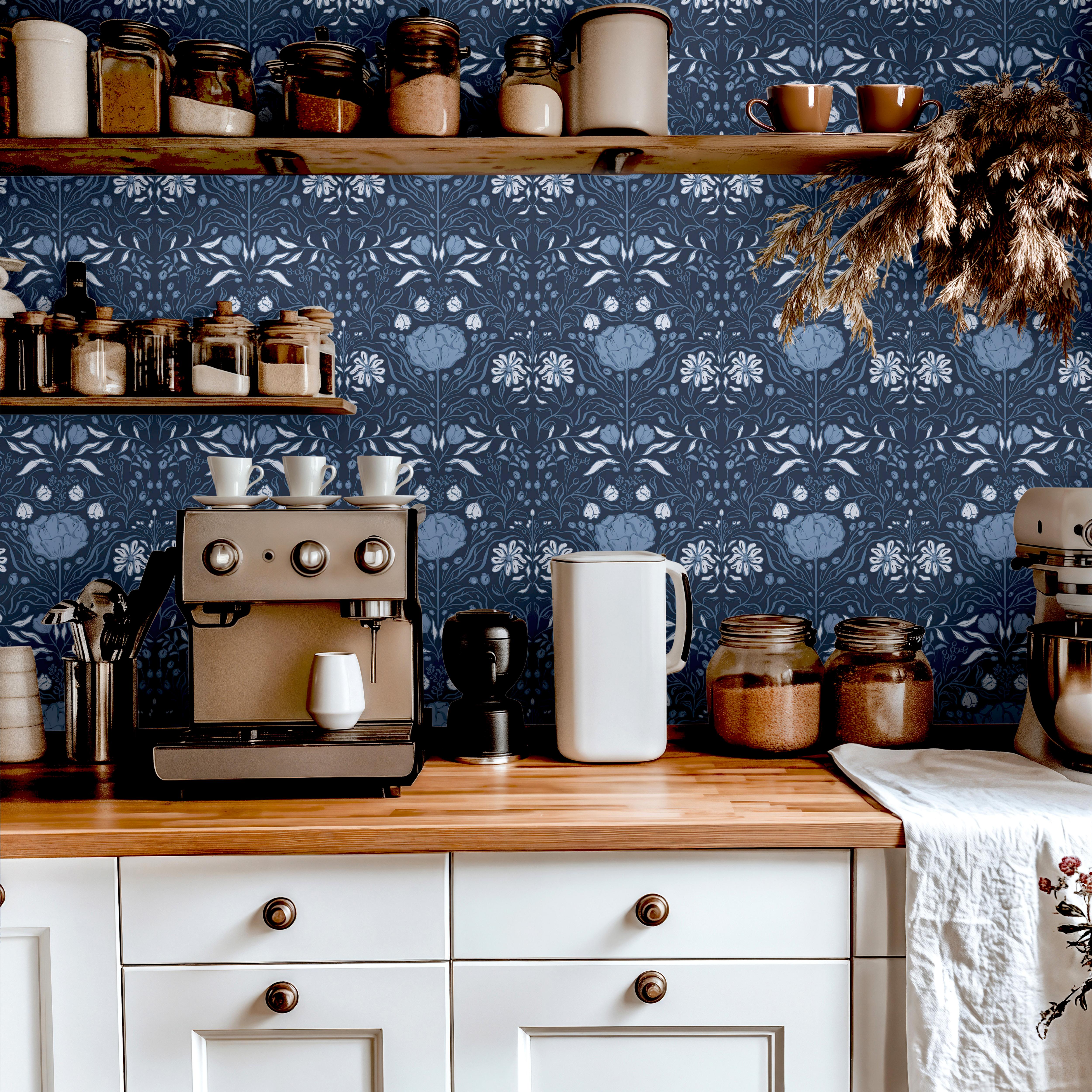 Wallpaper 1635 of light blue and white flowers on a navy background.