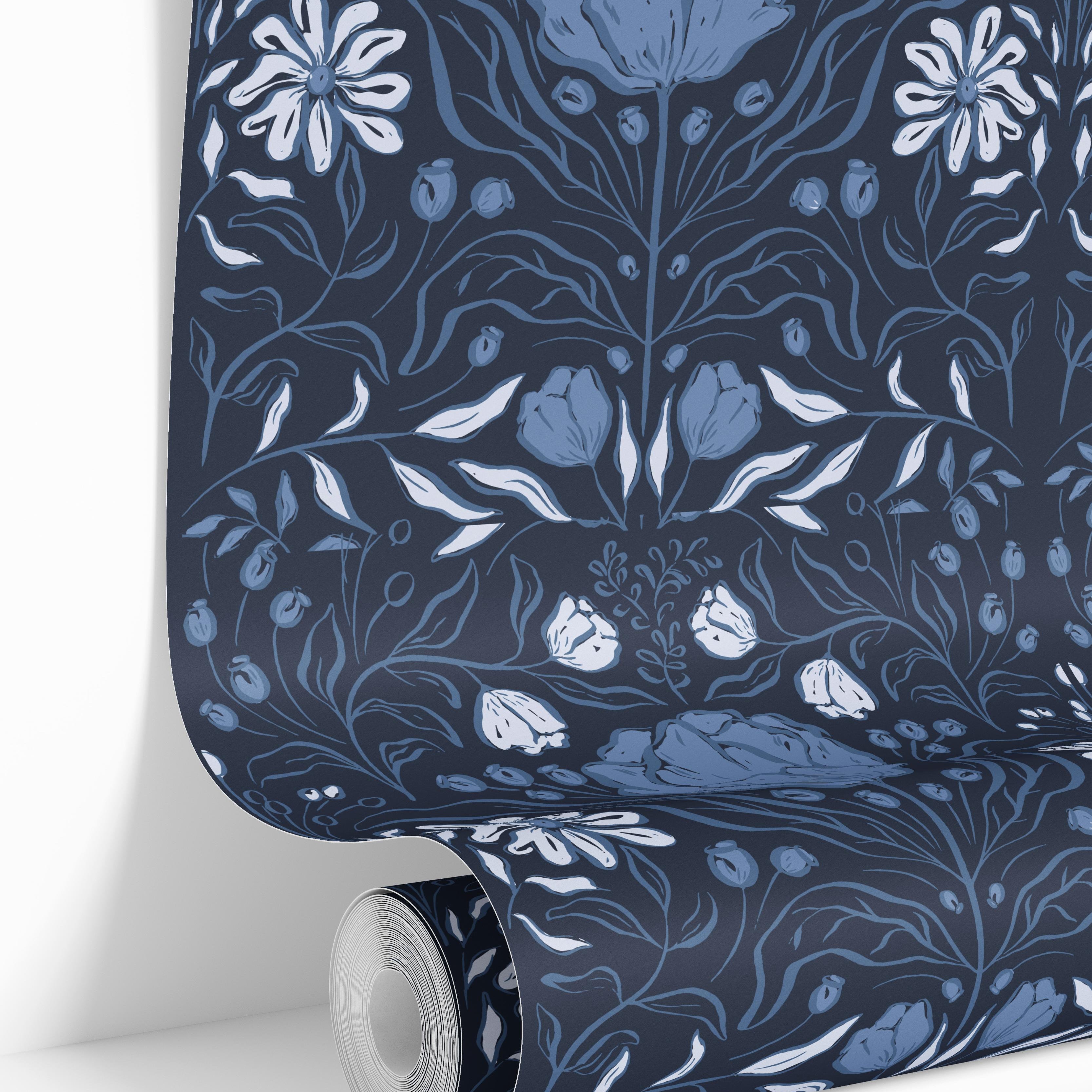 Vintage Blues Botanical Wallpaper Peel and Stick | Removable Wallpaper | Peel and Stick Wallpaper | Wallpaper Peel And Stick | 1635 - James And Colors