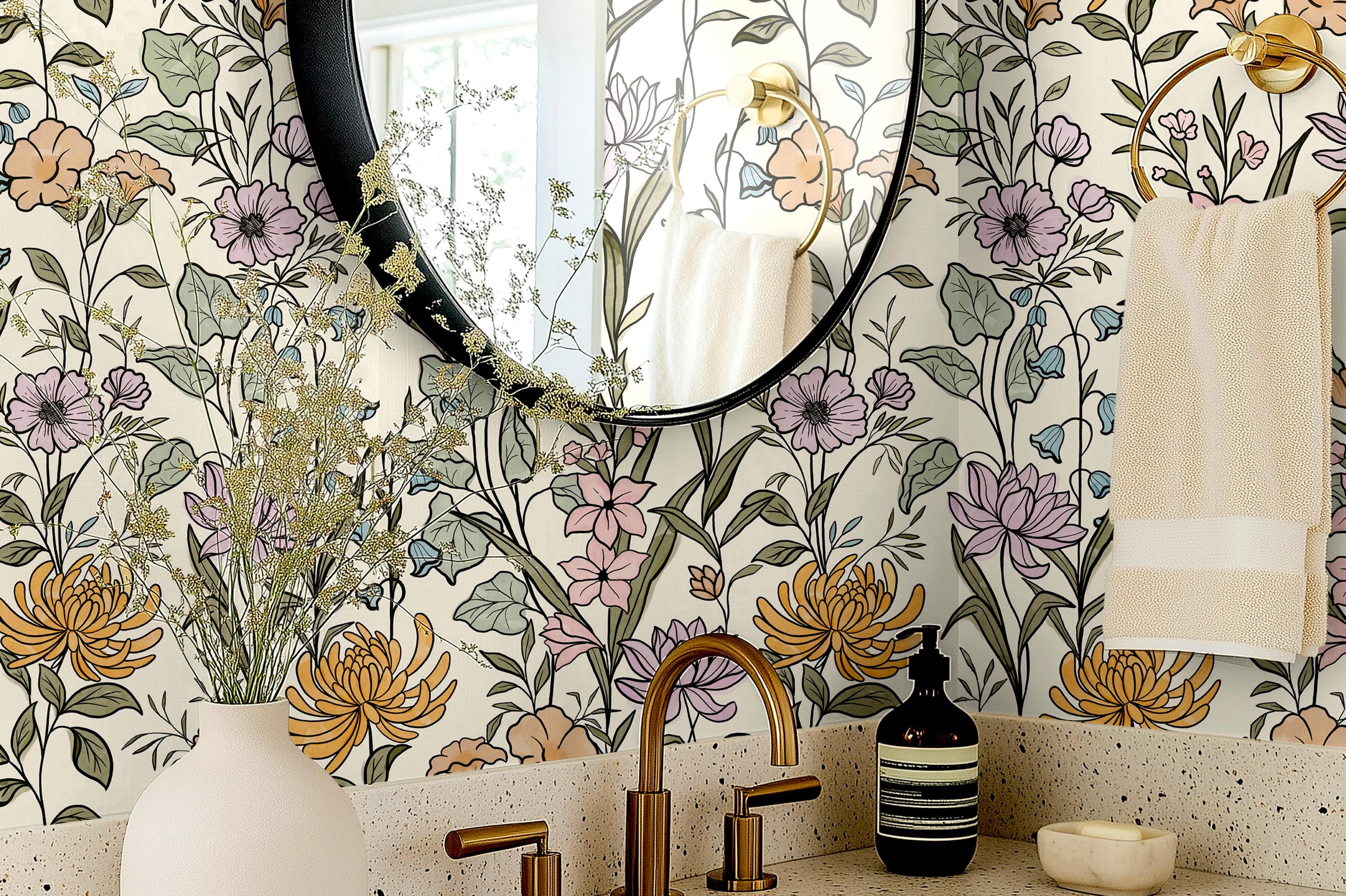 Wallpaper 1638 pattern of pastel flowers with botanical accents on a cream background.