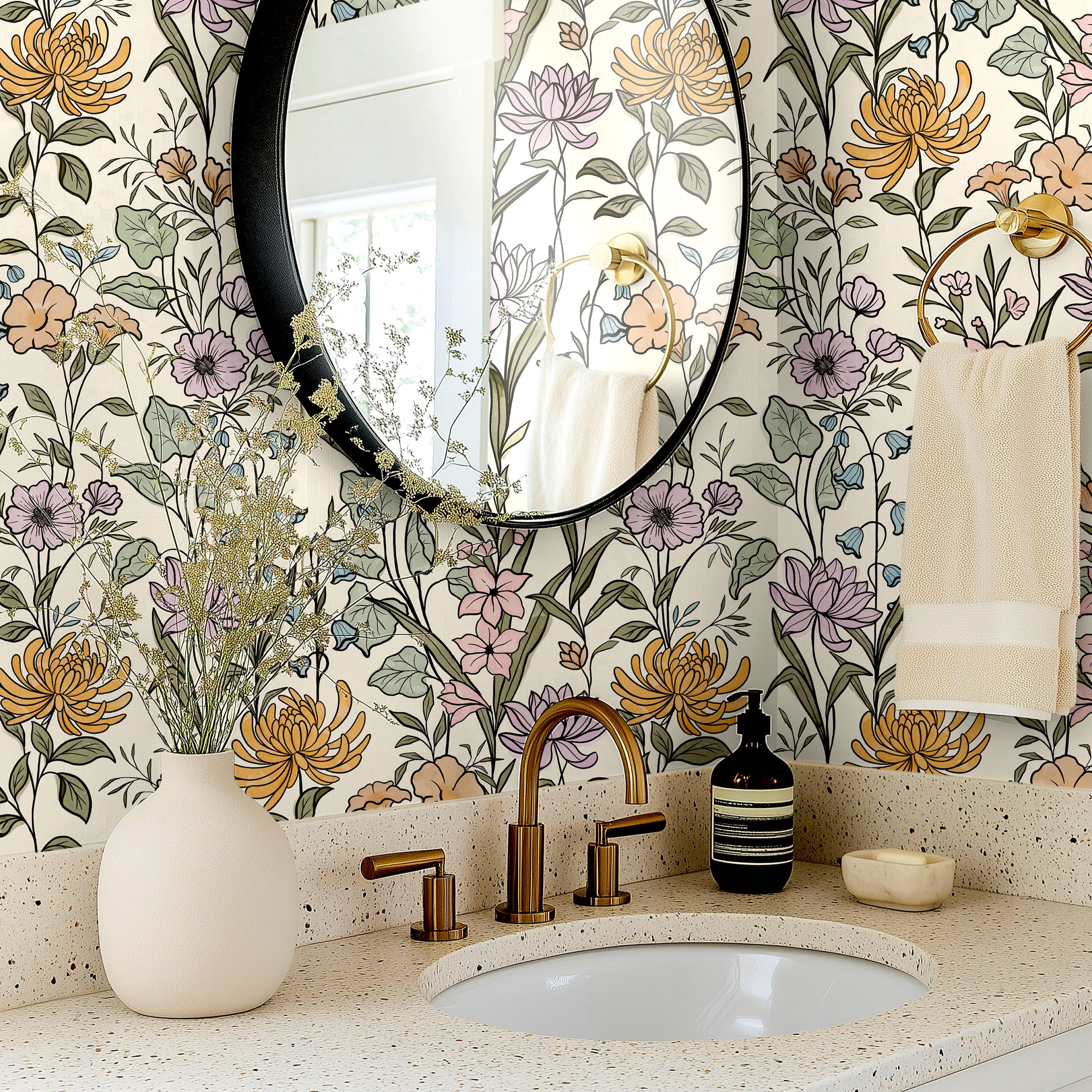 Wallpaper 1638 pattern of pastel flowers with botanical accents on a cream background.