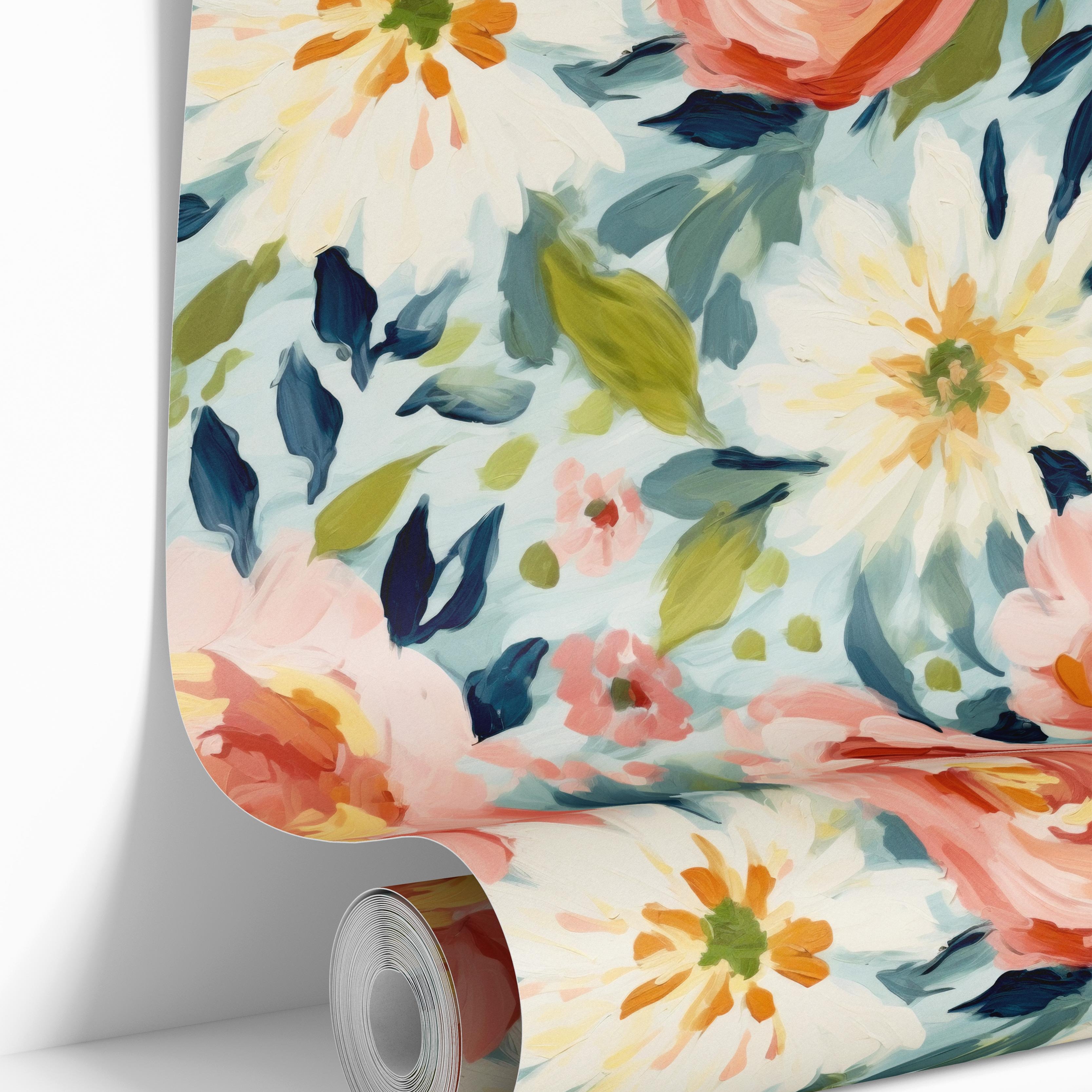 Wallpaper pattern 1642a of large painted flower petals on a blue background.