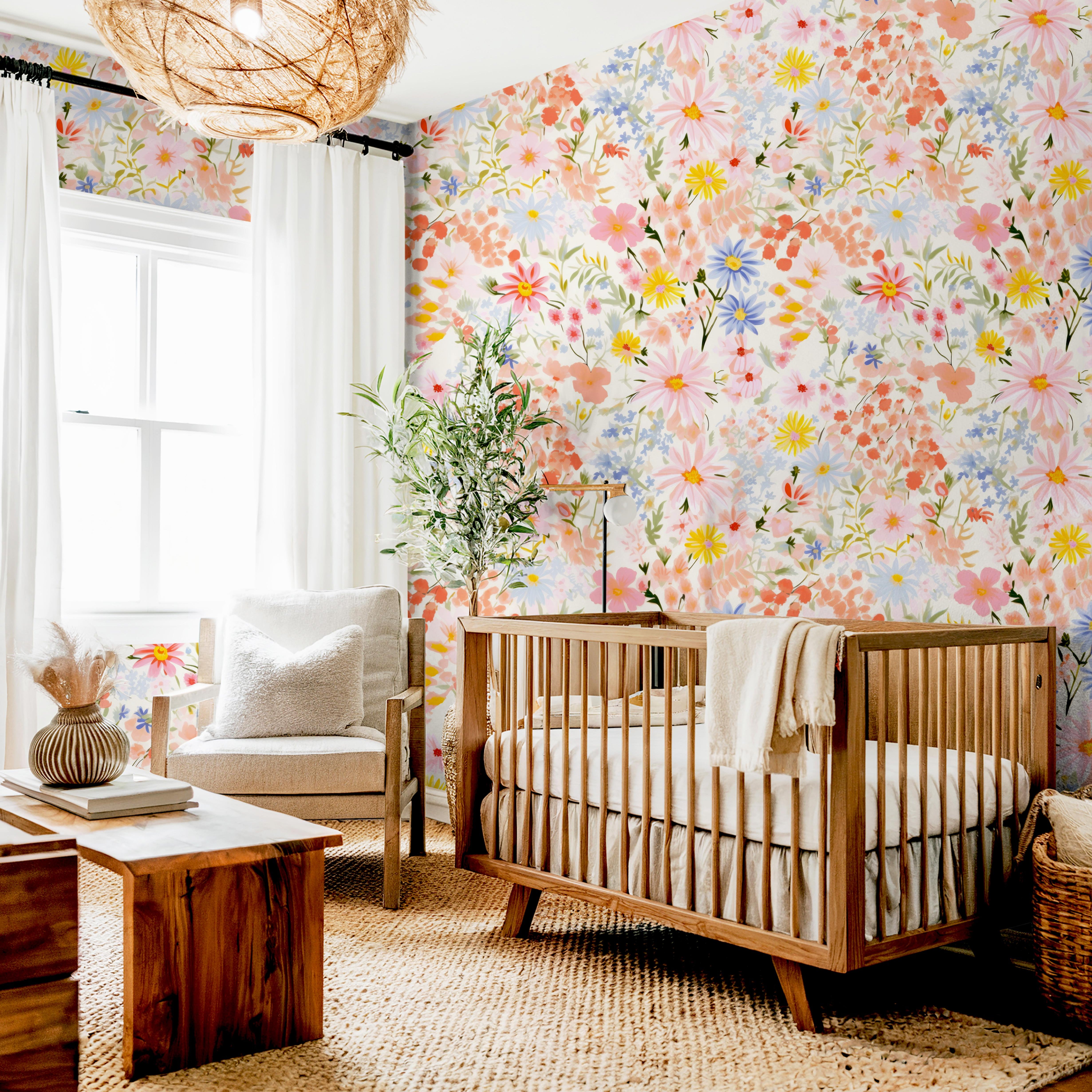Wallpaper pattern 1643 of large pink and yellow flowers on a white background.