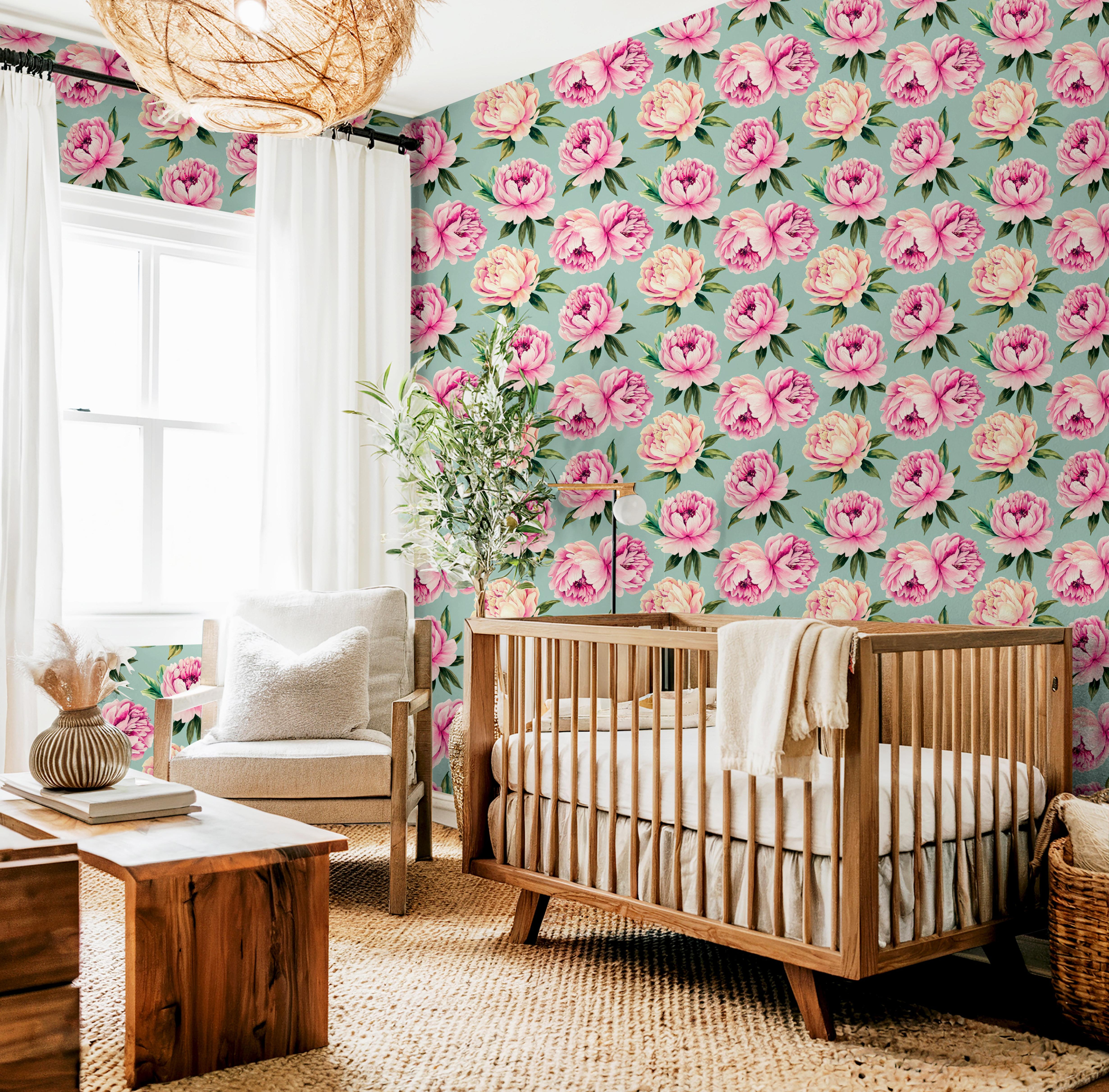 Wallpaper 1645 of large cream and pink peonies on a green background.