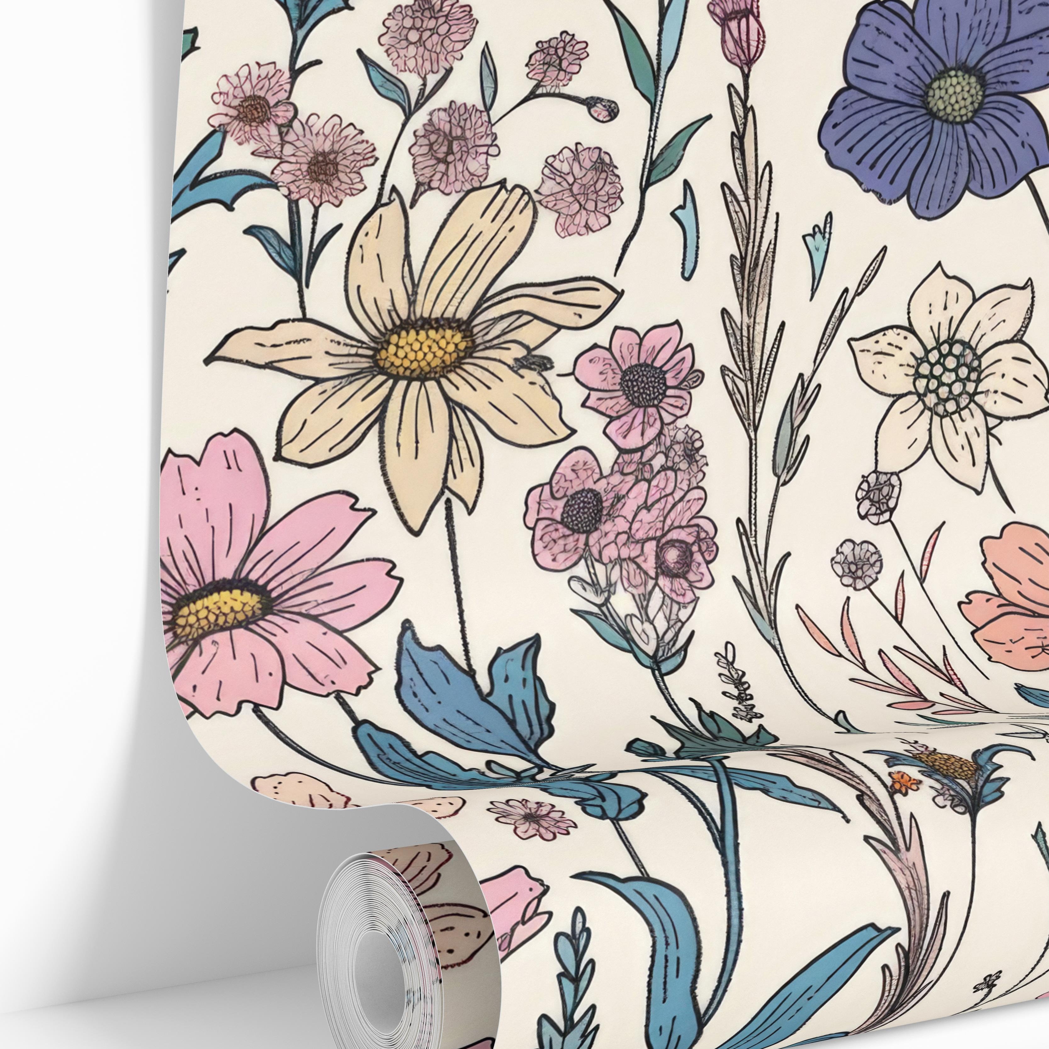 Wallpaper pattern 1646a of colorful native wildflowers on a cream background.