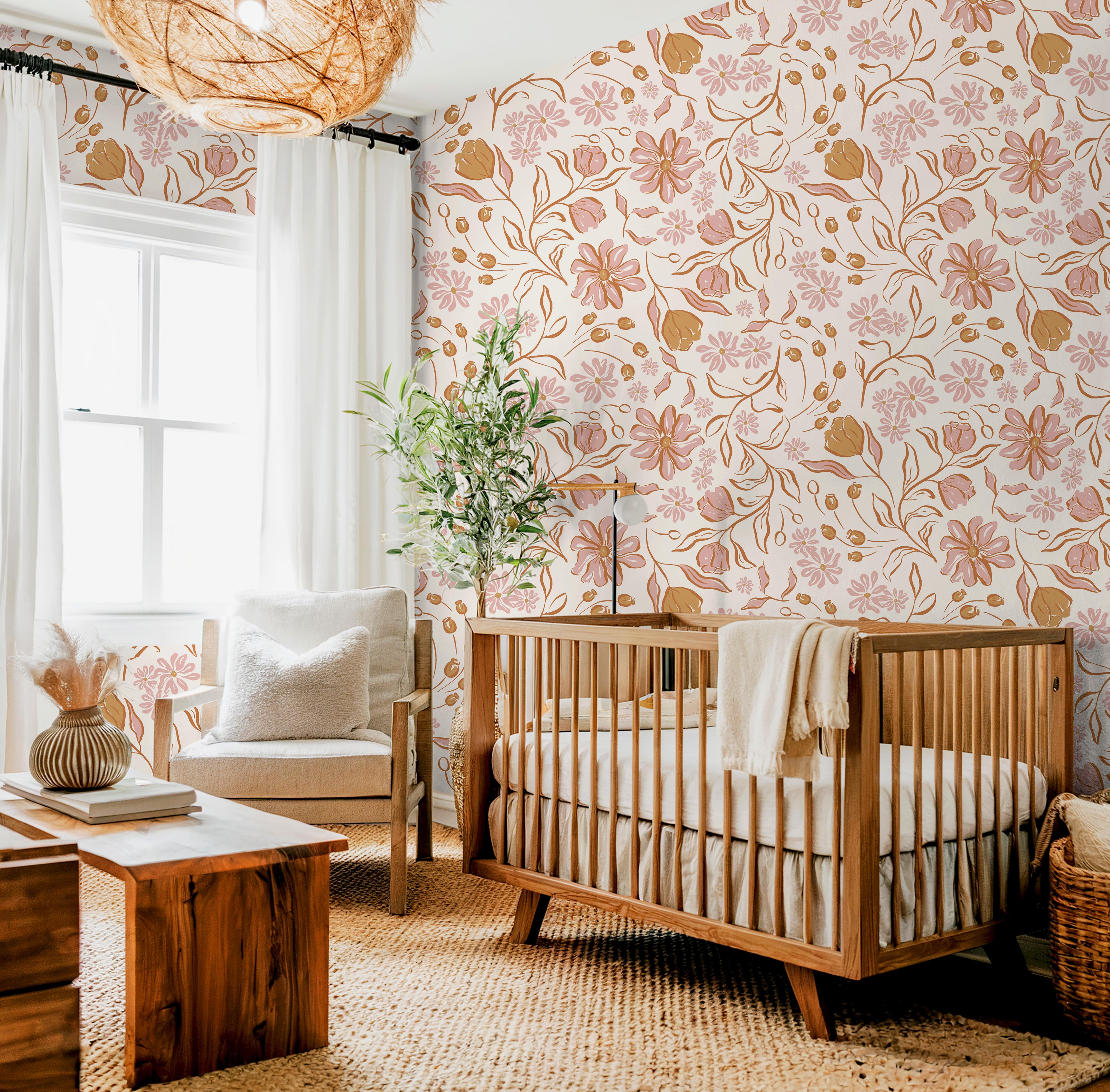 Wallpaper 1654: Warm nursery featuring blush and terracotta floral wallpaper with hand-drawn flowers, styled with natural wood crib, cream chair, and boho accents.