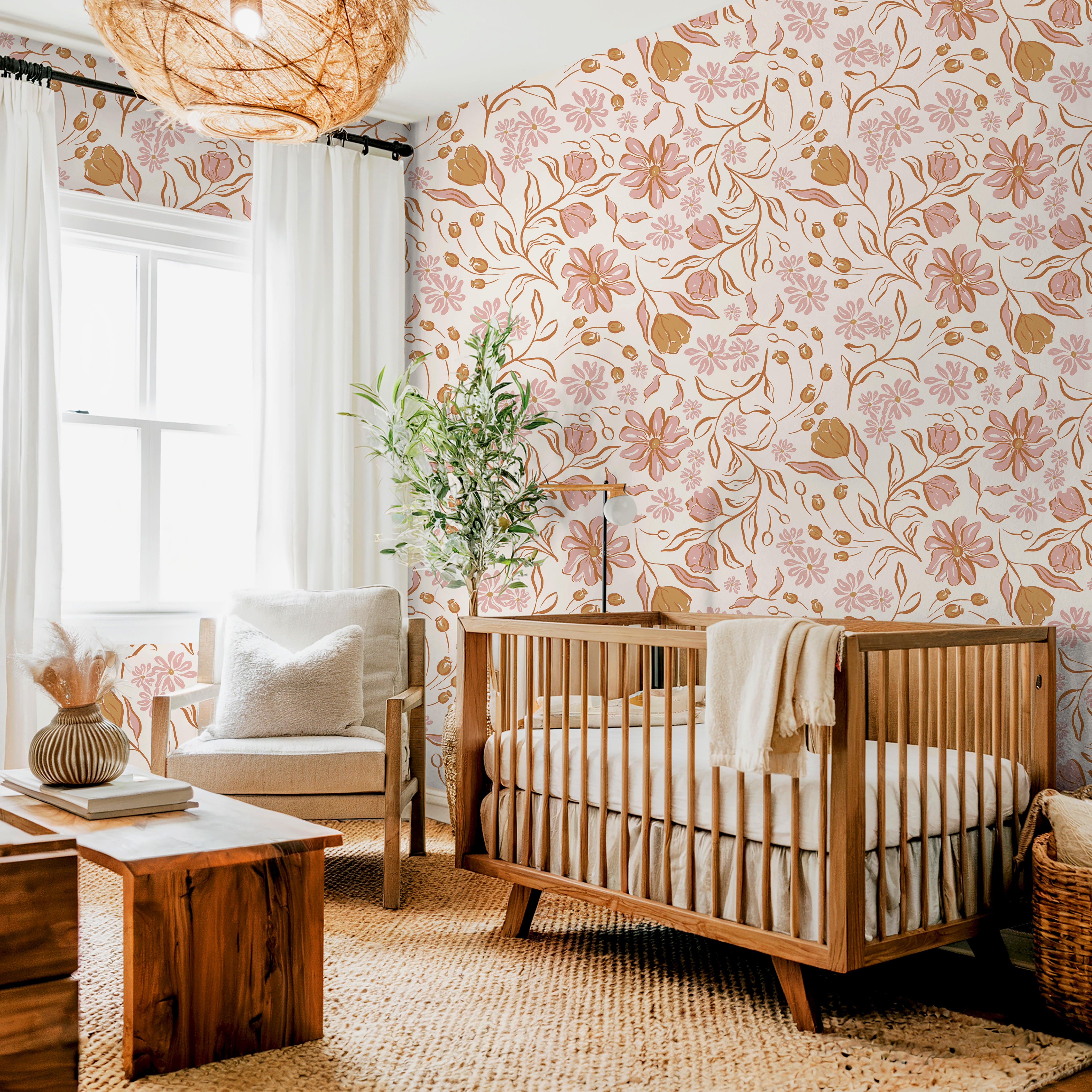 Wallpaper 1654: Warm nursery featuring blush and terracotta floral wallpaper with hand-drawn flowers, styled with natural wood crib, cream chair, and boho accents.