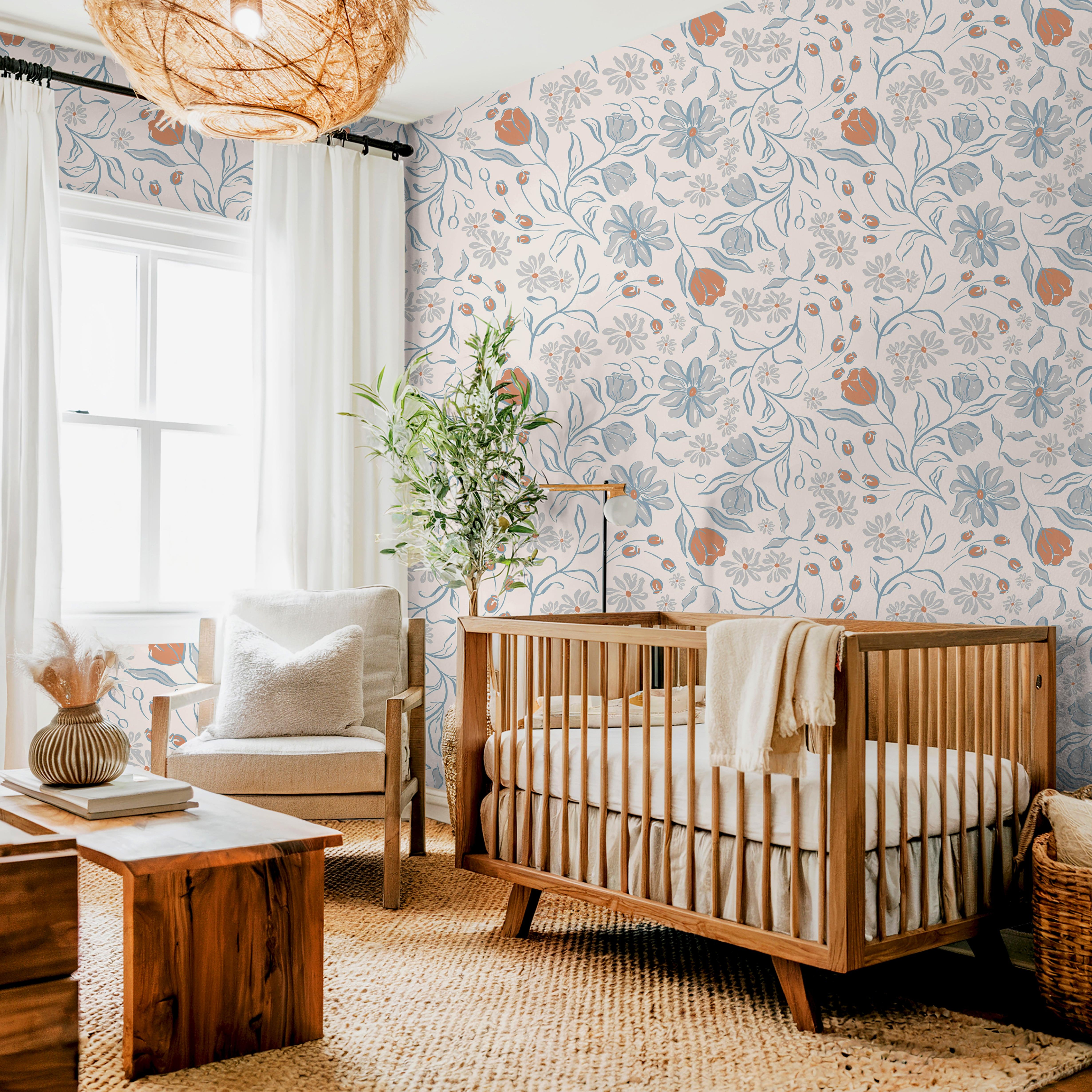 Gentle Garden | Blue Boho Floral Removable Wallpaper for Nursery, Bedroom, Walls, DIY Home Decor 1655 - James And Colors