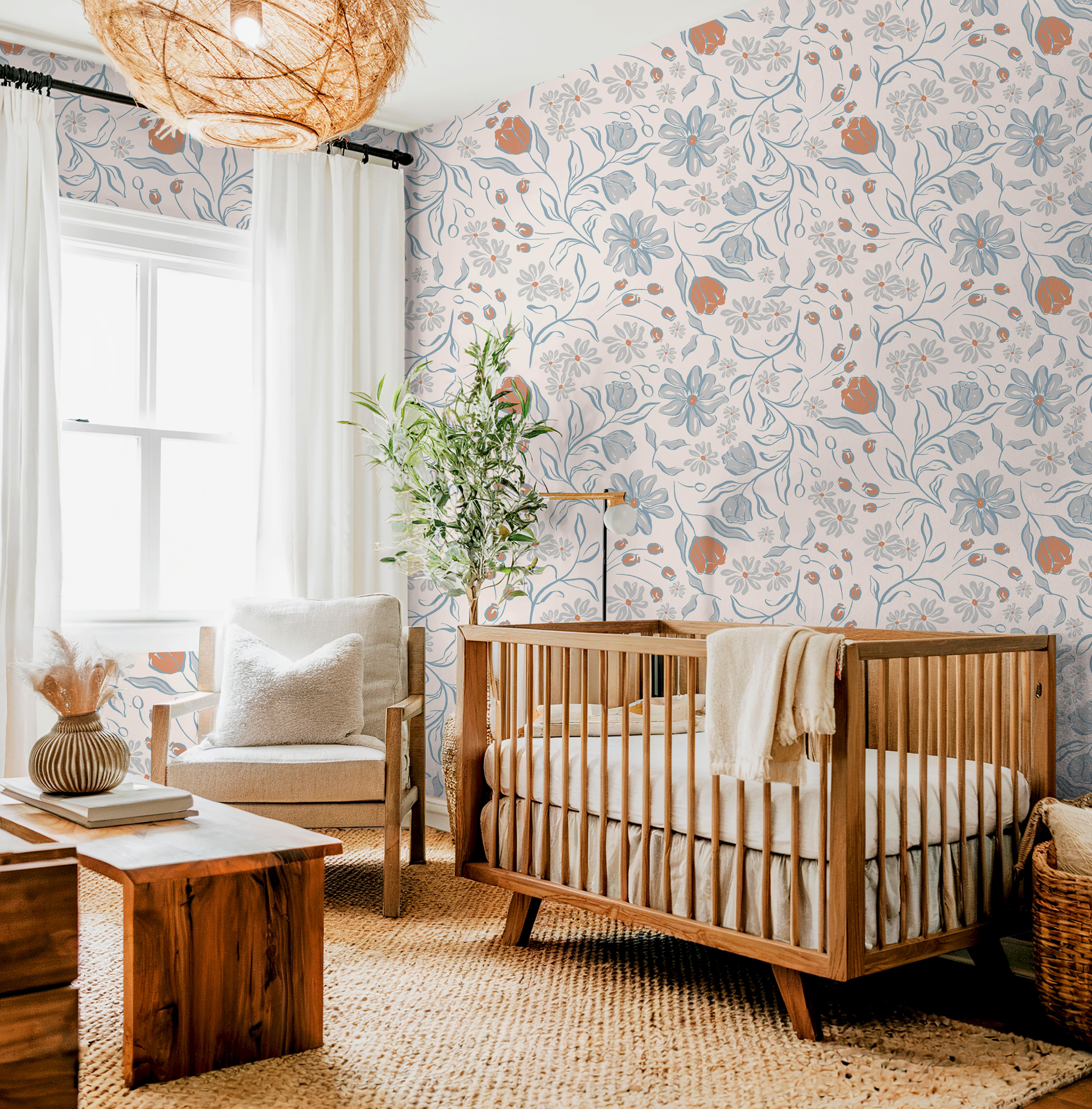 Gentle Garden | Blue Boho Floral Removable Wallpaper for Nursery, Bedroom, Walls, DIY Home Decor 1655 - James And Colors