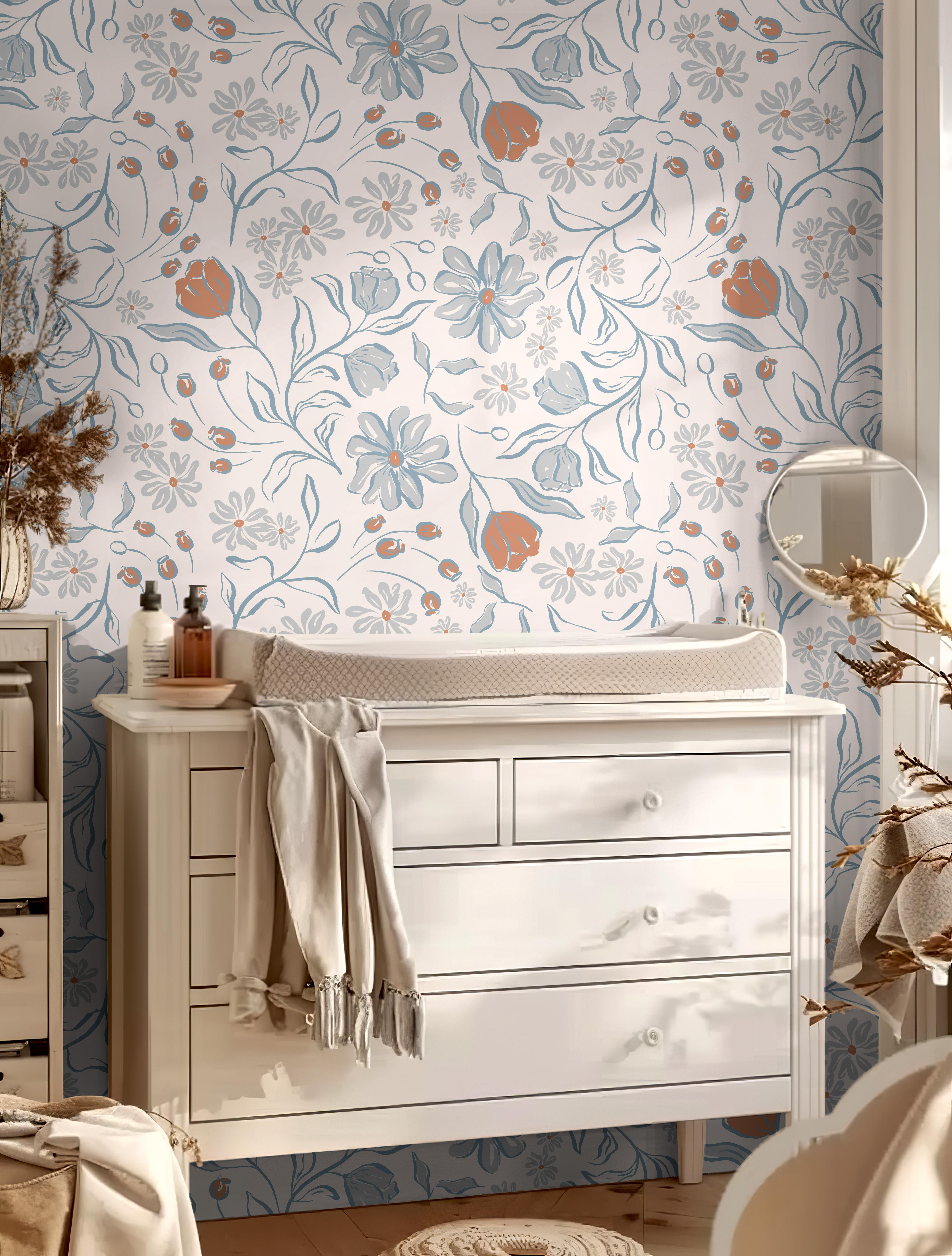 Gentle Garden Blue Boho Floral Removable Wallpaper for Nursery