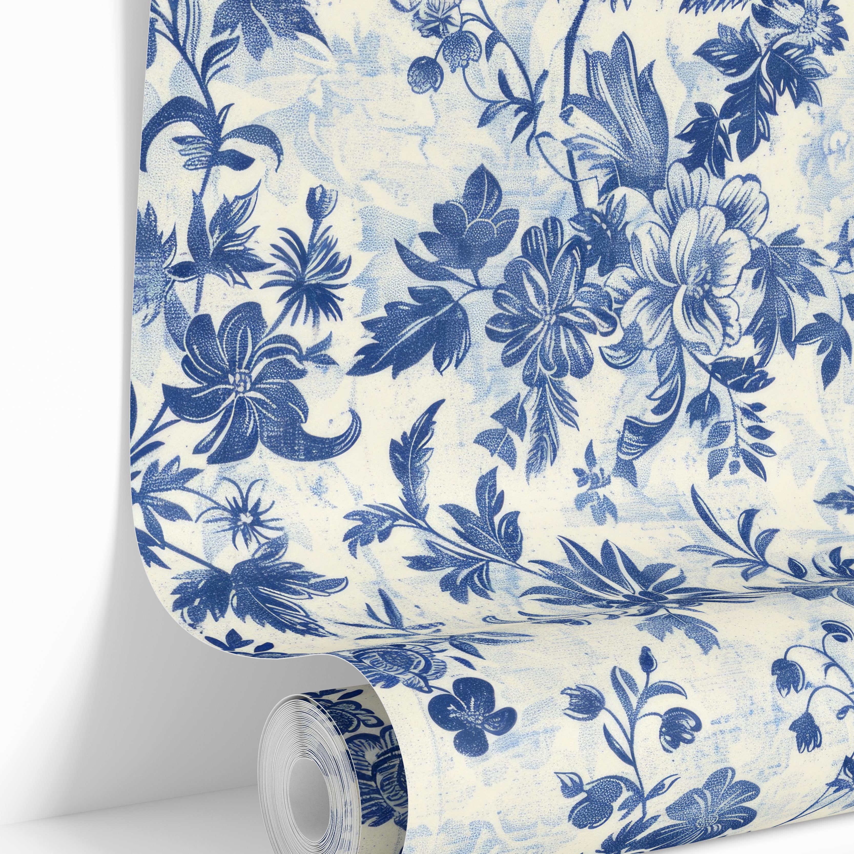 Wallpaper 1662a of blue flowers such as hibiscus, morning glories, and wild roses on a cream b ackground.