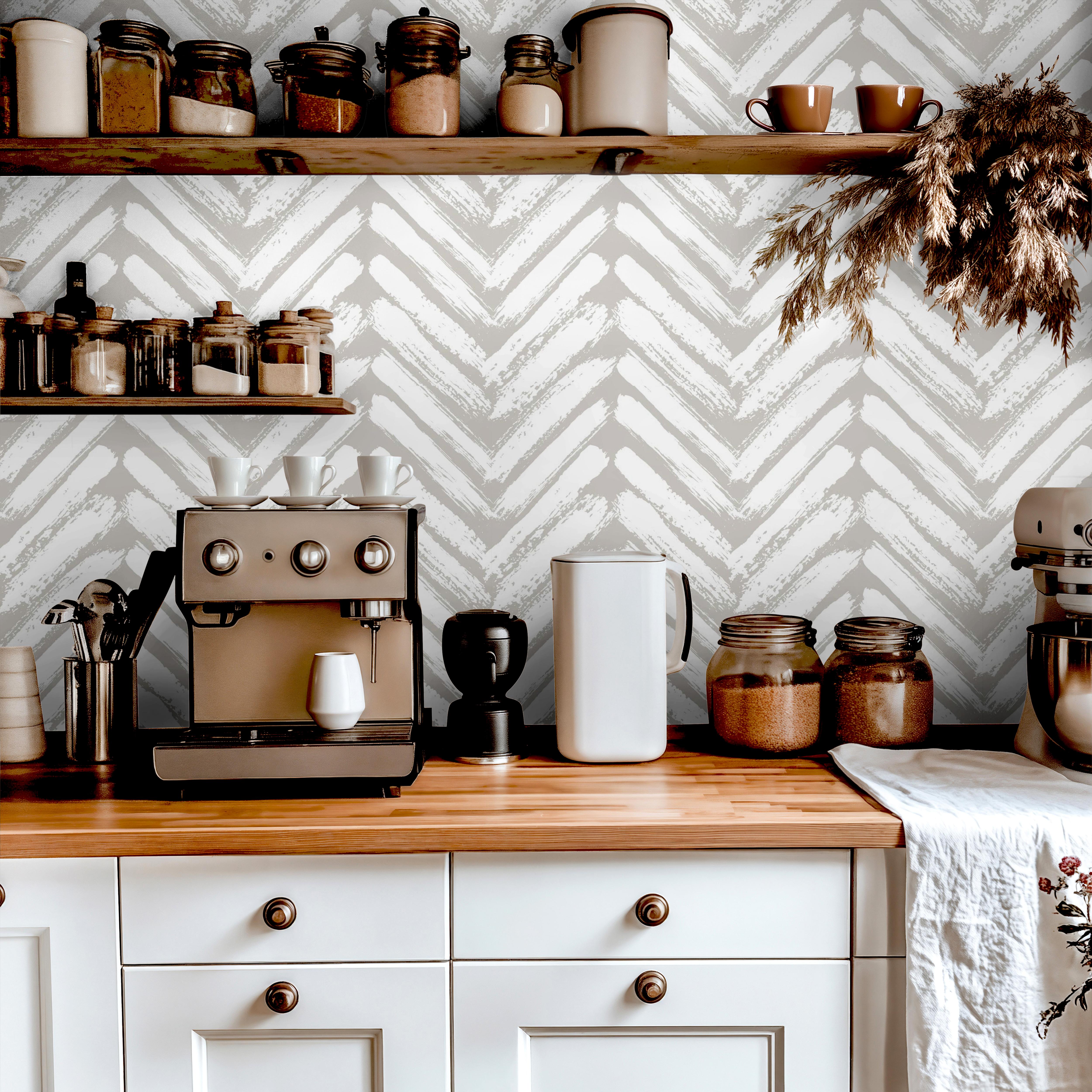 Wallpaper pattern 1670 of painted white streaks in a zig zag pattern on a cream background.