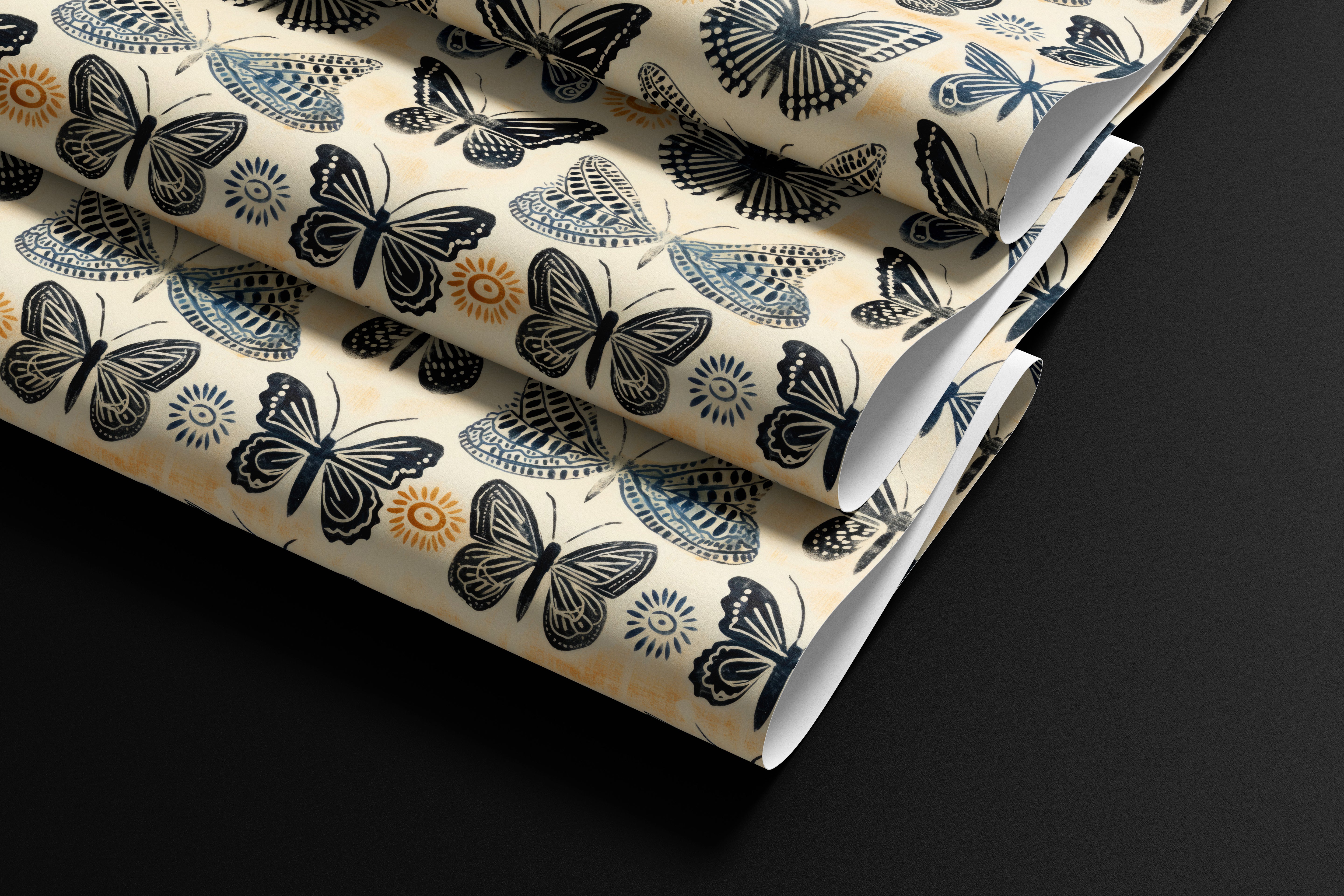 Contact paper 1852: A vintage-inspired butterfly contact paper featuring hand-illustrated black and blue butterflies with delicate sun motifs on a warm cream background, perfect for elegant, nature-inspired decor.